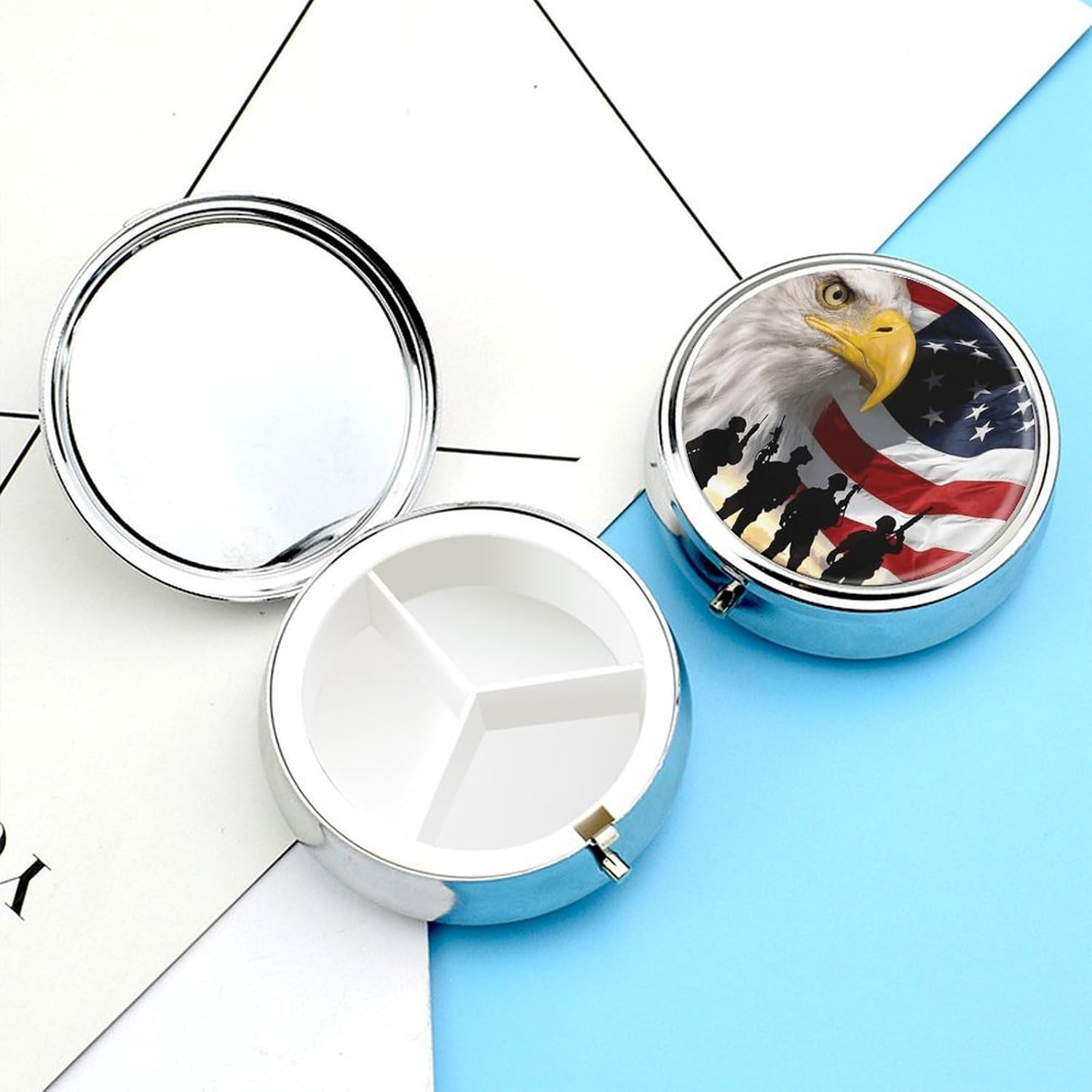 American Soldiers Round Pill Box with 3 Compartments & Mirror image 3