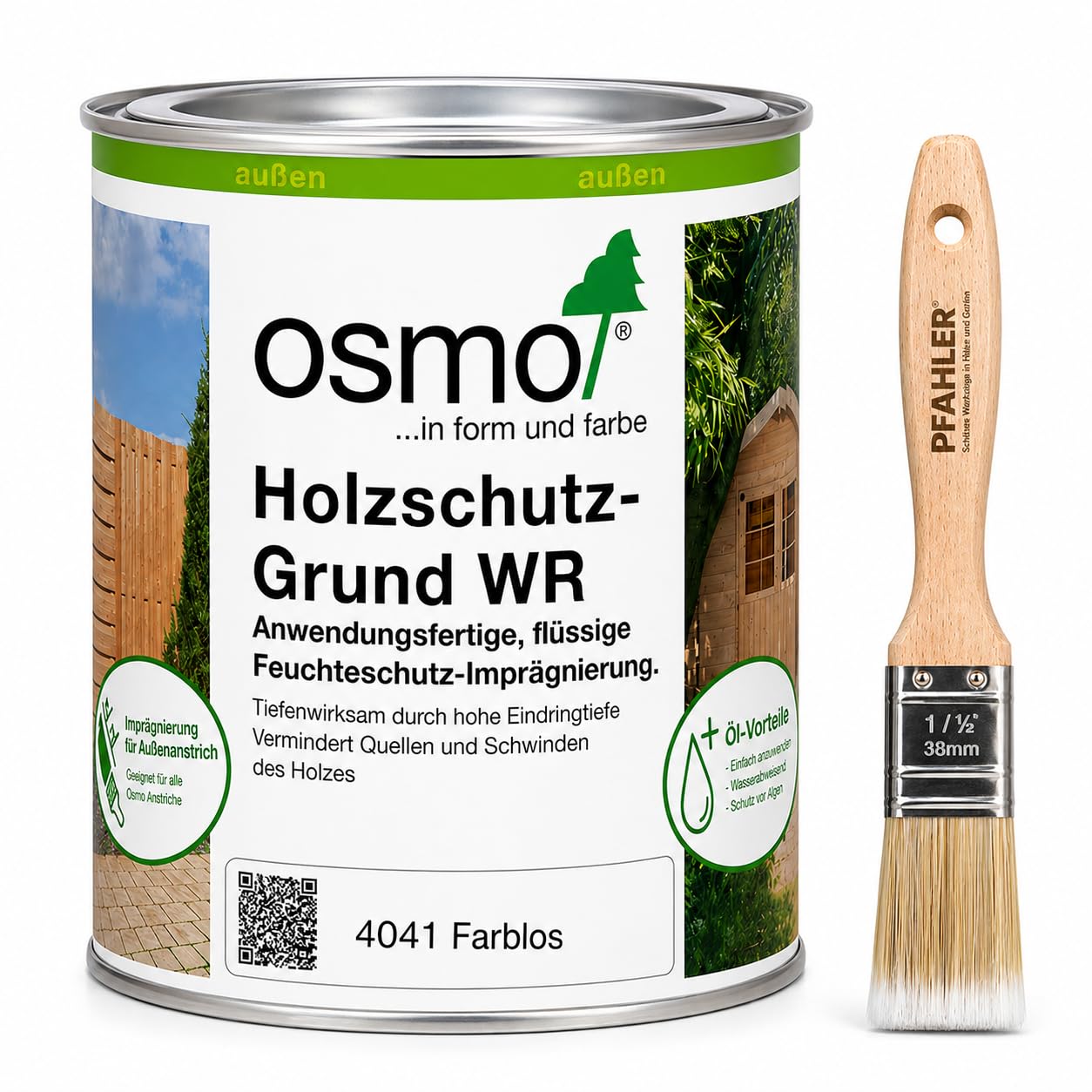 OSMO. Holzschutz-Grund WR 4041 Farblos 0,75L – Holz Imprägnierung für Außenholz, schützt vor Feuchtigkeit, geruchsarm, inkl. PFAHLER Flächenstreicher