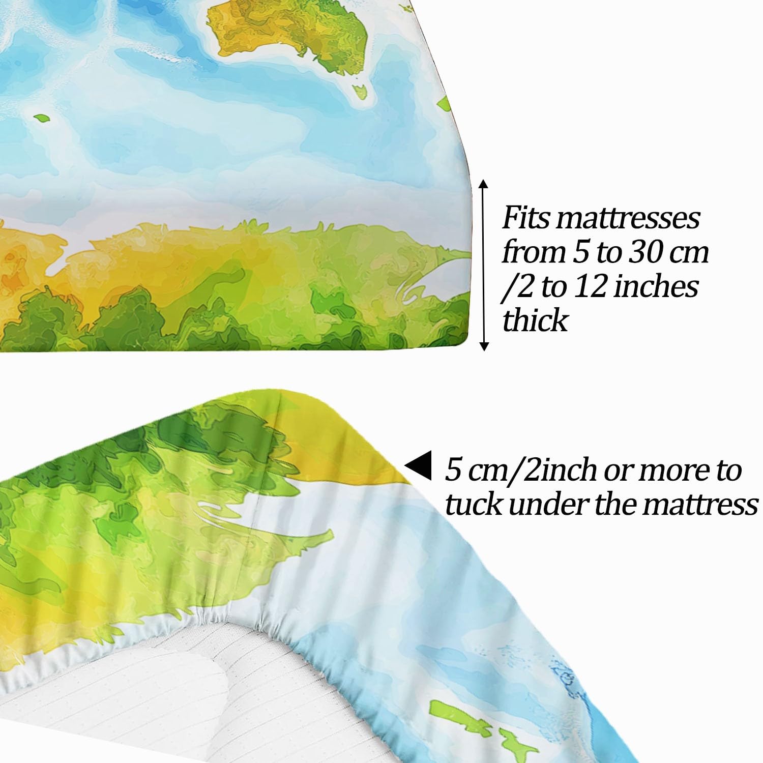 Prześcieradło Akwarelowe Mapa Świata Zestaw Pościeli, Niebieski Prześcieradło Prześcieradło 150 x 200 cm Prześcieradło z mikrofibry Elastyczne na krawędzi Kieszeń 30 cm dla dziewczynek i chłopców