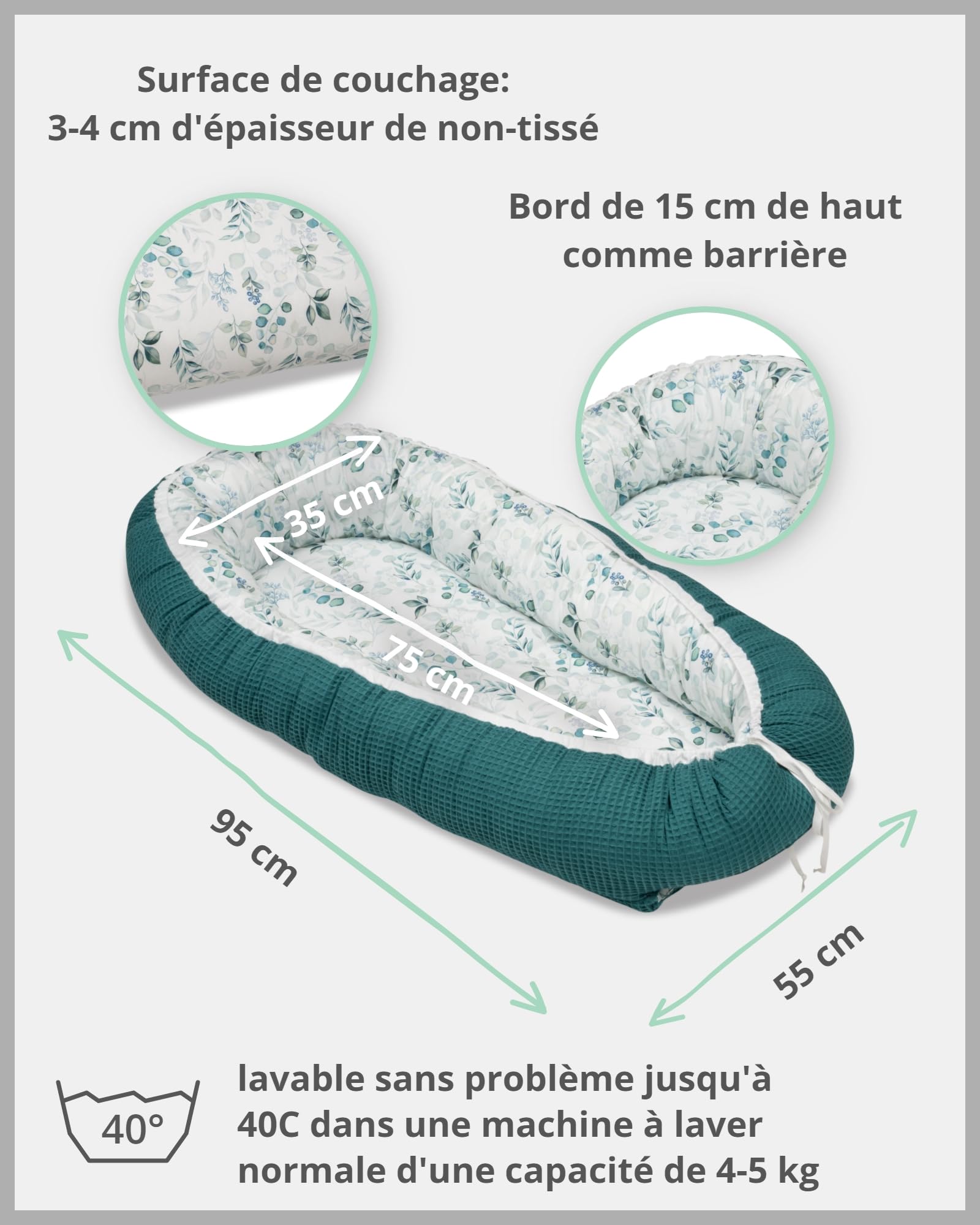 Réducteur lit bébé ULLENBOOM Eucalyptus pétrole - 95x55 cm - Nid d’ange bébé Öko-Tex et fabriqué dans l'UE - motif baleines bleues – en coton douillet, convient comme lit de voyage ou cale bébé