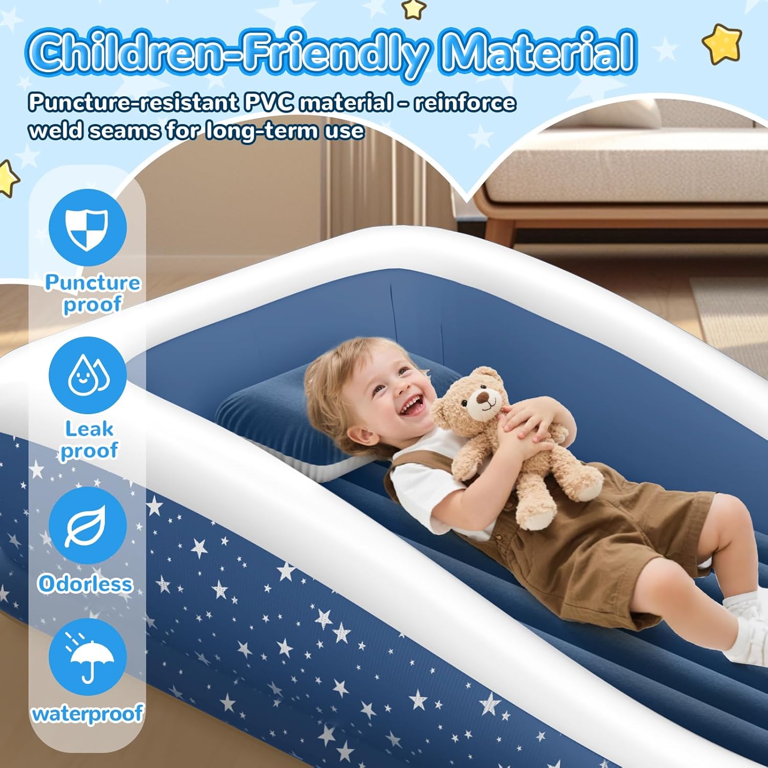 Inflatable Toddler Travel Bed: Portable & Safety - Blow Up Toddler Bed Travel with 4 Sides - Kids Air Mattress Ideal for Outdoor Camping - Easy to Inflate Deflate and Clean (67”, Blue)