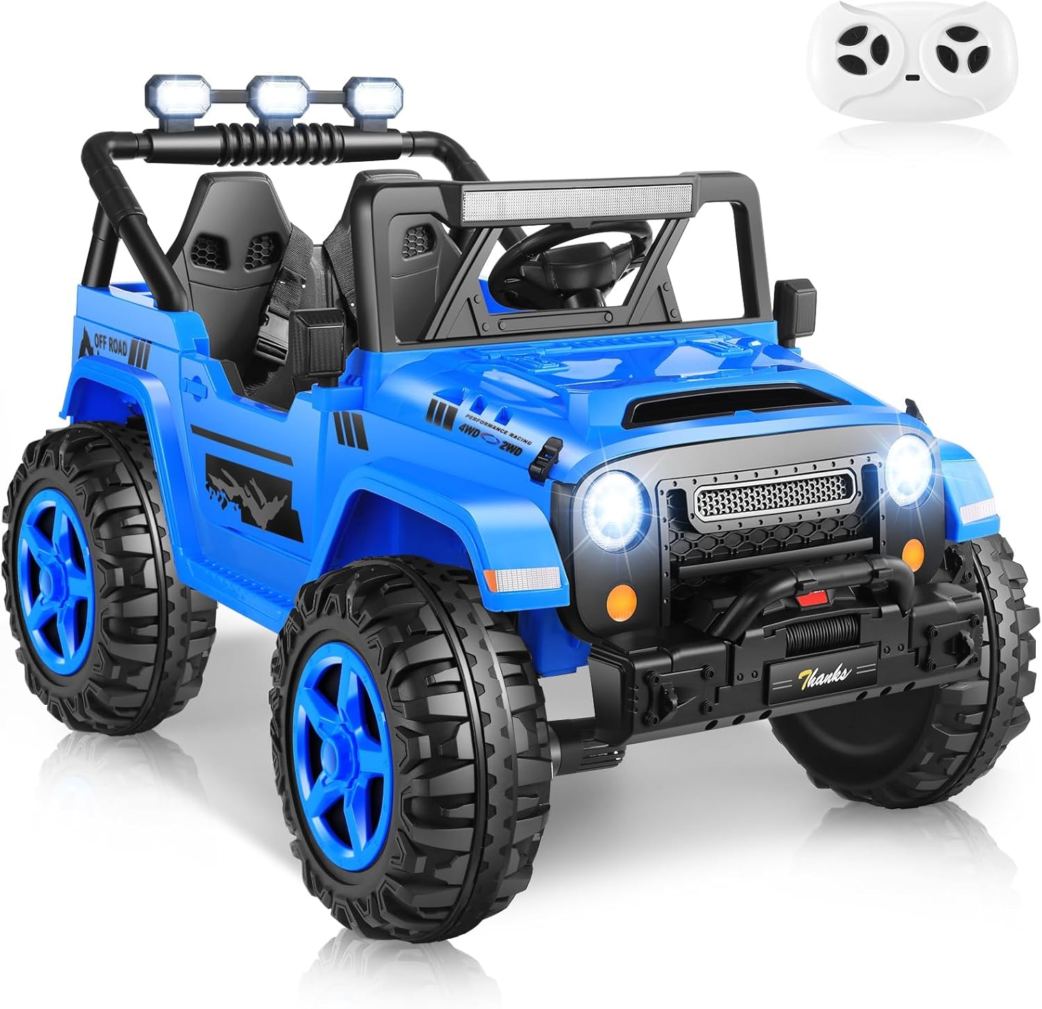 Hikole 24V 2 Seater Kid Car with Remote Control，4WD/2WD Switchable Ride on Car W/20 Wide 2 Seat, Music, 4X4 Spring Suspensions, LED Light, Storage Box, 24 Volt Ride on Truck, Blue