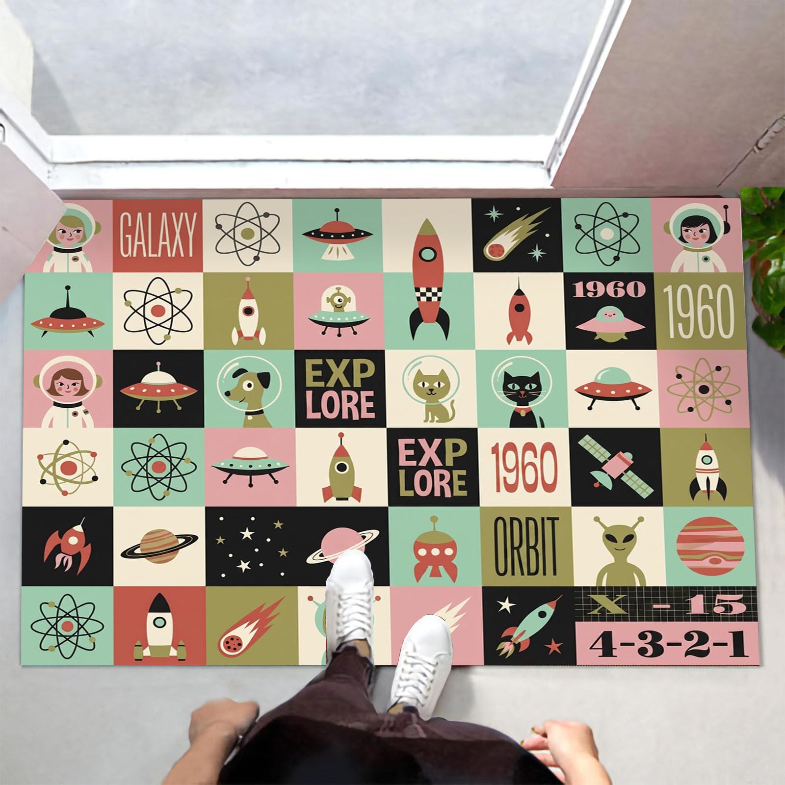 Paillasson pour Extérieur et Intérieur - Géométrie De L'Univers Des Dessins Animés - 60x90cm Tapis Flanelle avec Vie Extraterrestre - Paillasson lavable et Antidérapant pour Terrasse - Vert Menthe