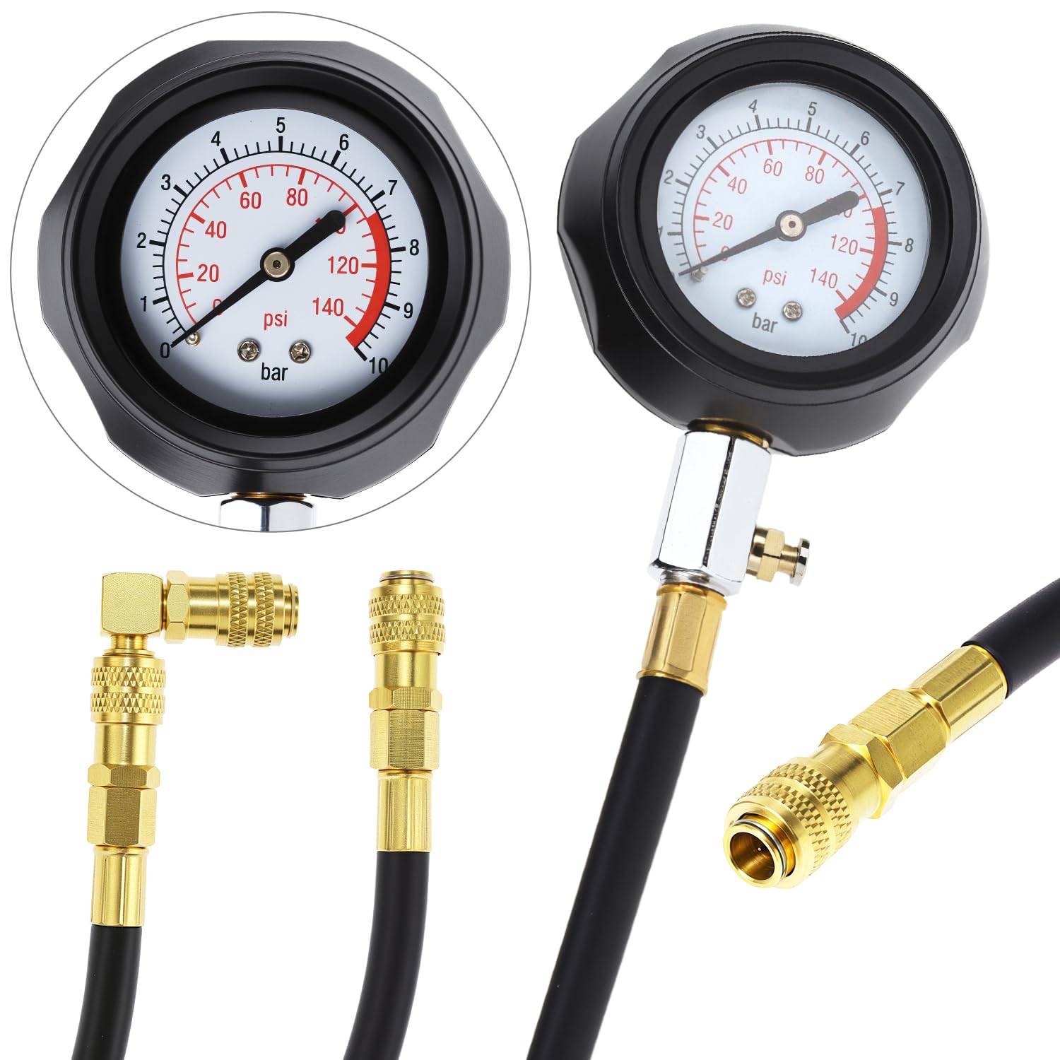 QWORK® Manometro per la pressione dell'olio, 140 PSI / 10 Bar, set di test per la pressione dell'olio nei cilindri motore con 10 adattatori, ideale per auto, moto e trattori
