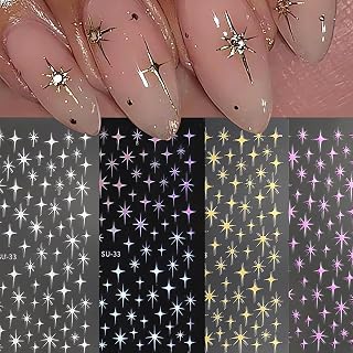 Star Nail Art Stickers - Silver Metallic 3D Nail Decals for Fall &Girls - 4PCS Glitter Design in Pink, Gold & Silver