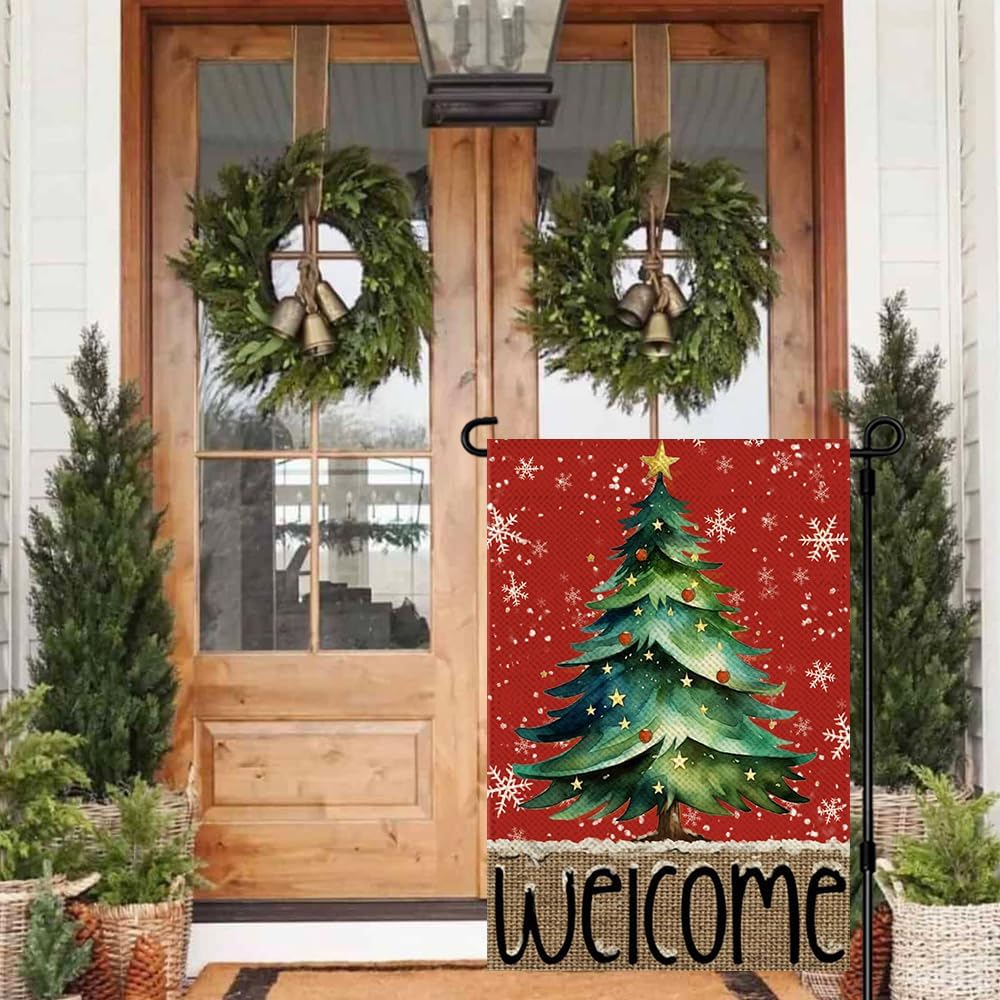 Christmas Tree Welcome Garden Flag 12x18 Inch Double Sided Red Small Outside Winter Snowflake Seasonal Holiday Yard Porch Outdoor Decoration - Image 4