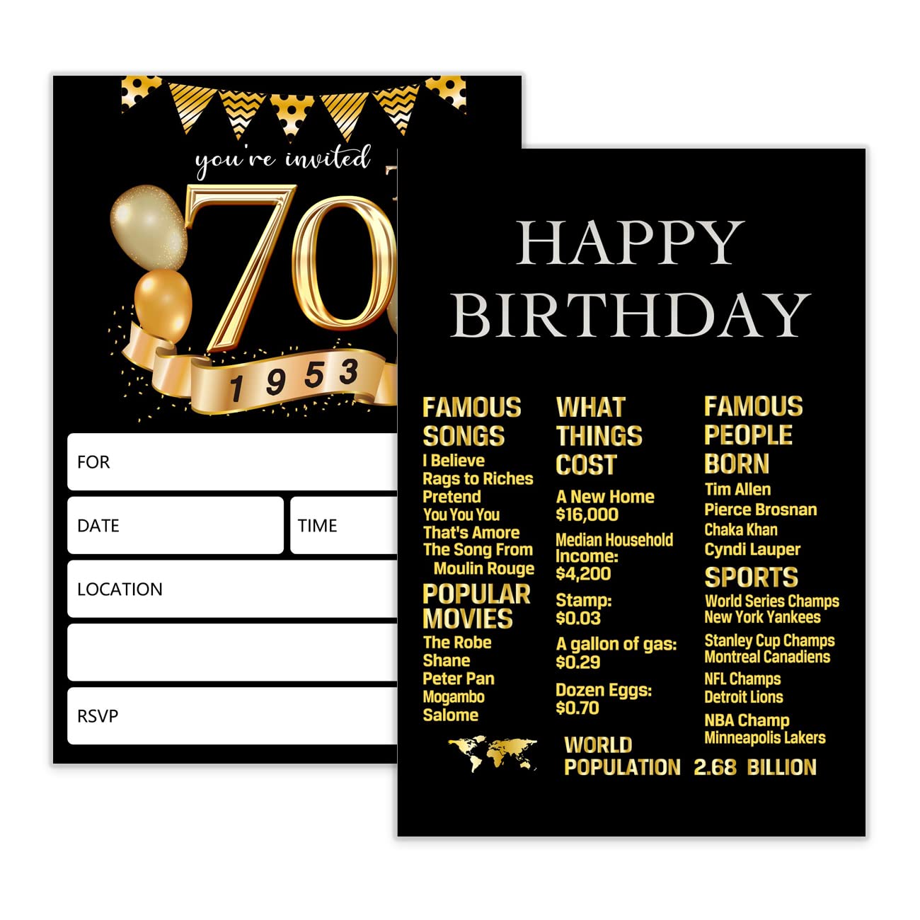 wuguimeii Black Gold Design Birthday Invitations with Envelopes for 70th Birthday Party,Funny 70 Year Old Birthday Gift for Friend Family,Double-Sided,20 Counts