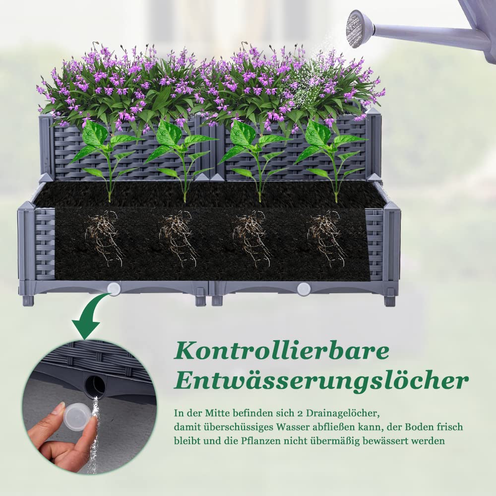 Mingone 4X Blumenkasten Rattan Optik Kunststoff, 40x40, Grau | Wasserspeicher, Balkonkasten, Für Balkon Garten Terrasse