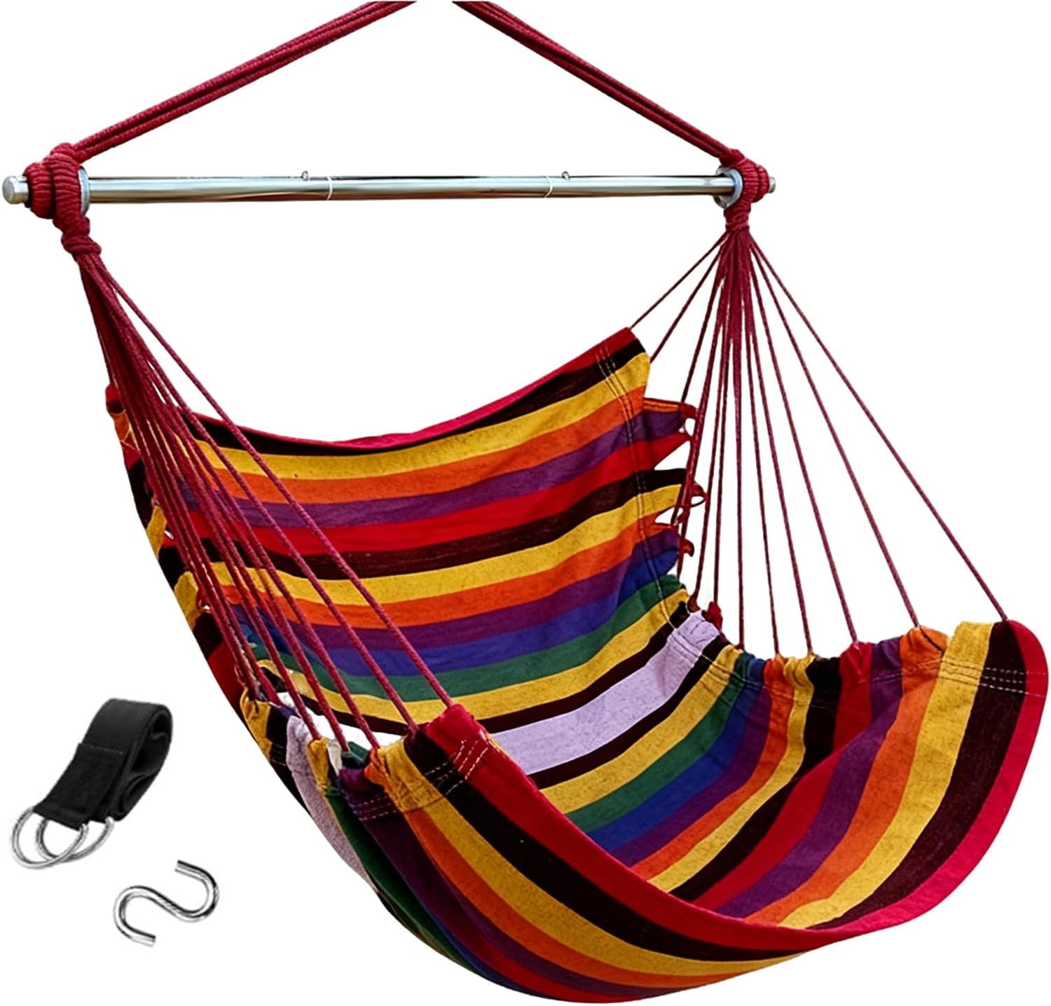 MEI&CO Hammock Chair Swing for Bedroom & Outdoor - 500LBS Capacity Heavy-Duty Hanging Chair with Steel Spreader Bar & Anti-Slip Design | Indoor/Outdoor Hammock Swing with Straps (Rainbow Color)