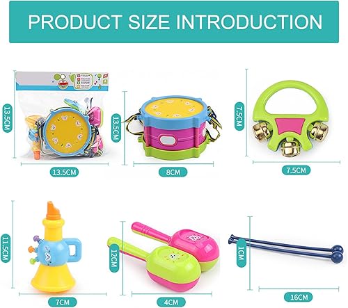 Miniatura 3 de Conjunto de 7 piezas de instrumentos para niños, Abs Colorido Niños Niños Instrumento Musical Juguete Tambor Campana Martillo de Arena Trompeta
