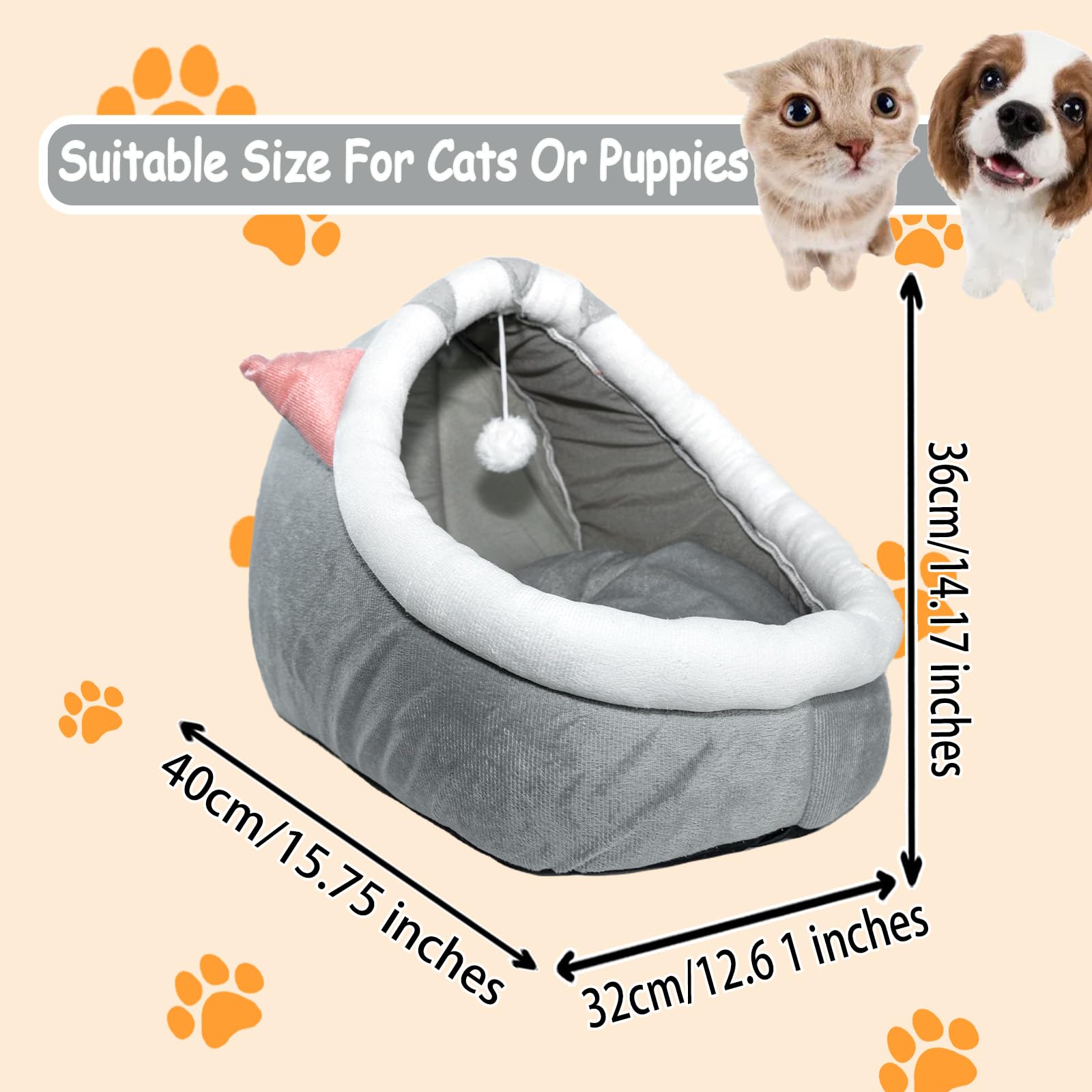 Benepoint Cat Bed Cave, Semi-Enclosed Cat House Kitten Bed with a Hanging Plush Ball& Detachable Mat, Foldable Cat Nest Bed Cat Tents for Indoor Cats (A, M)