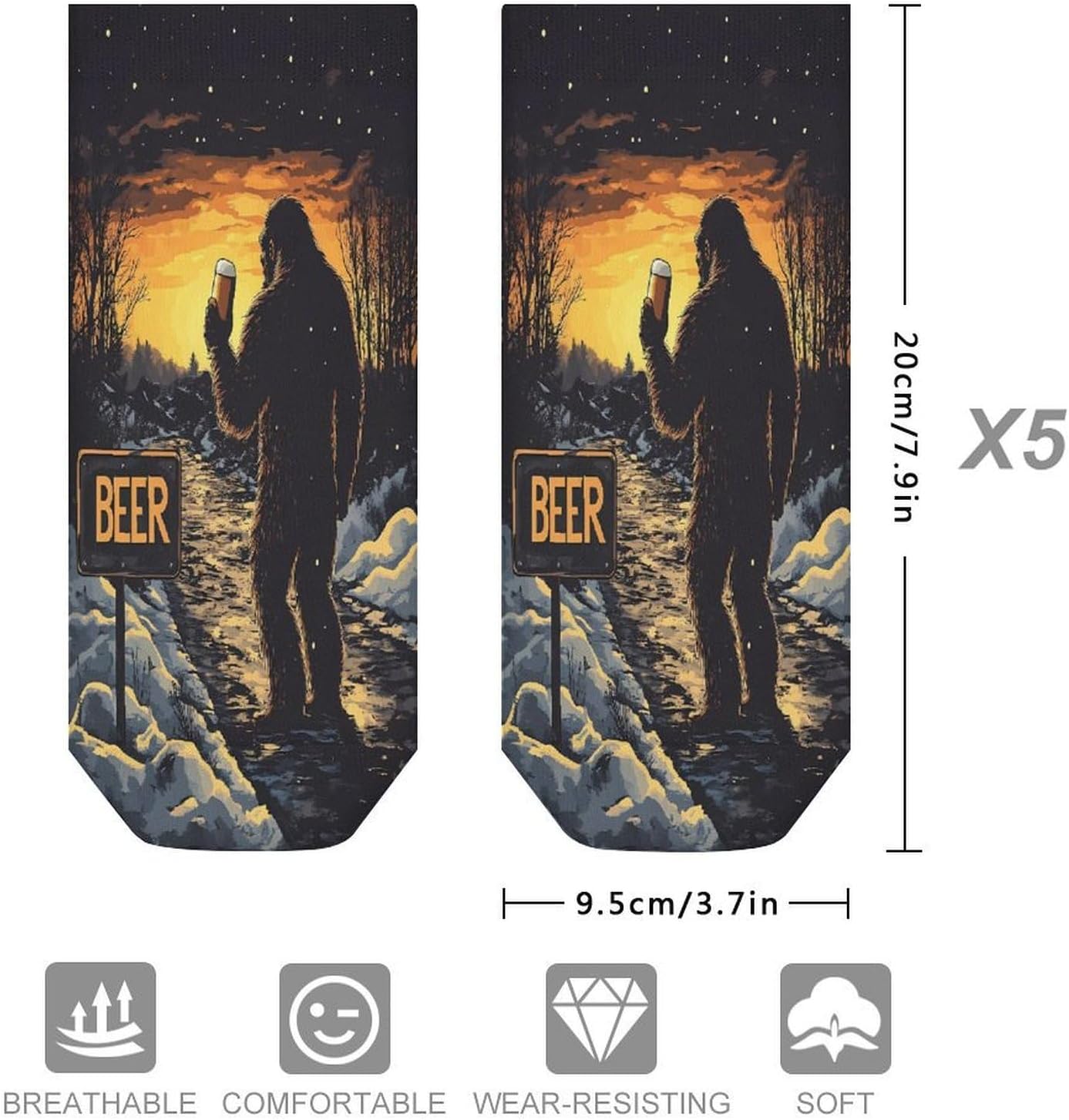 Bigfoot with Beer Sunset 5 Pairs Low Cut Ankle Socks Casual Liner Sock No Show Invisible Socks for Men Women