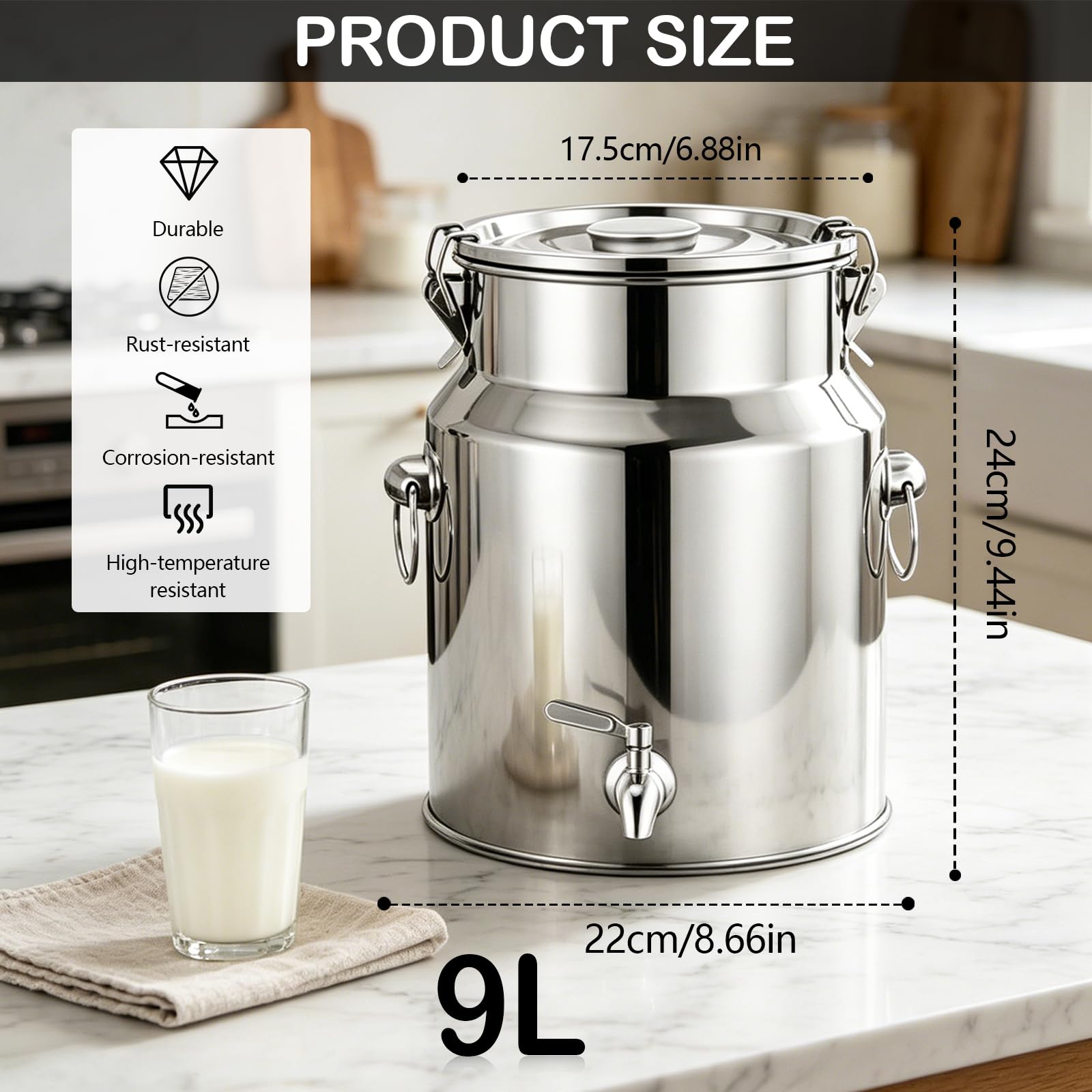 Jarra Leche Acero Inoxidable, Cubo de Vino de 8L con Tapa Sellada, Lata con Grifo de Transporte de Leche para Vino Aceite Líquidos y Sólidos, Jarra de Leches con Sello para Transportar o Almacenar