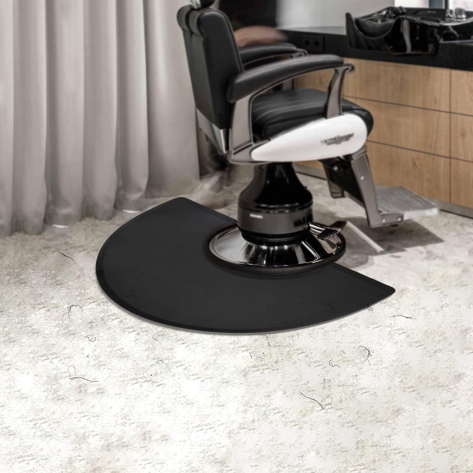 Tapis de coiffeur 90 x 150 cm, demi-cercle antidérapant et imperméable, épaisseur de 18 mm, tapis ergonomique contre les douleurs au dos et aux jambes, pour salon de coiffure, facile à nettoyer (noir)