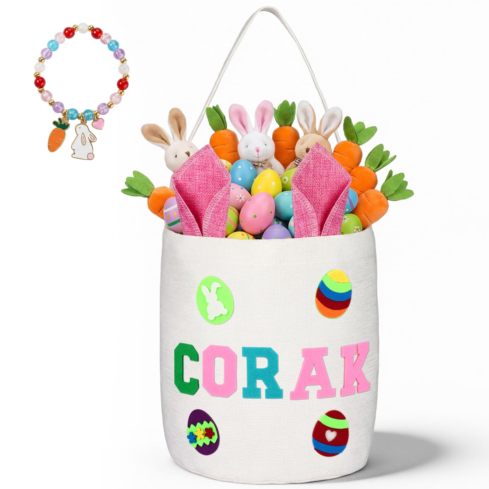 Photo 1 of Easter Baskets for Kids, Personalized Kids Easter Basket with Custom Felt Letters & Patches, Canvas Bucket for Toddler Egg Hunts, Toys & Gifts (Pink)