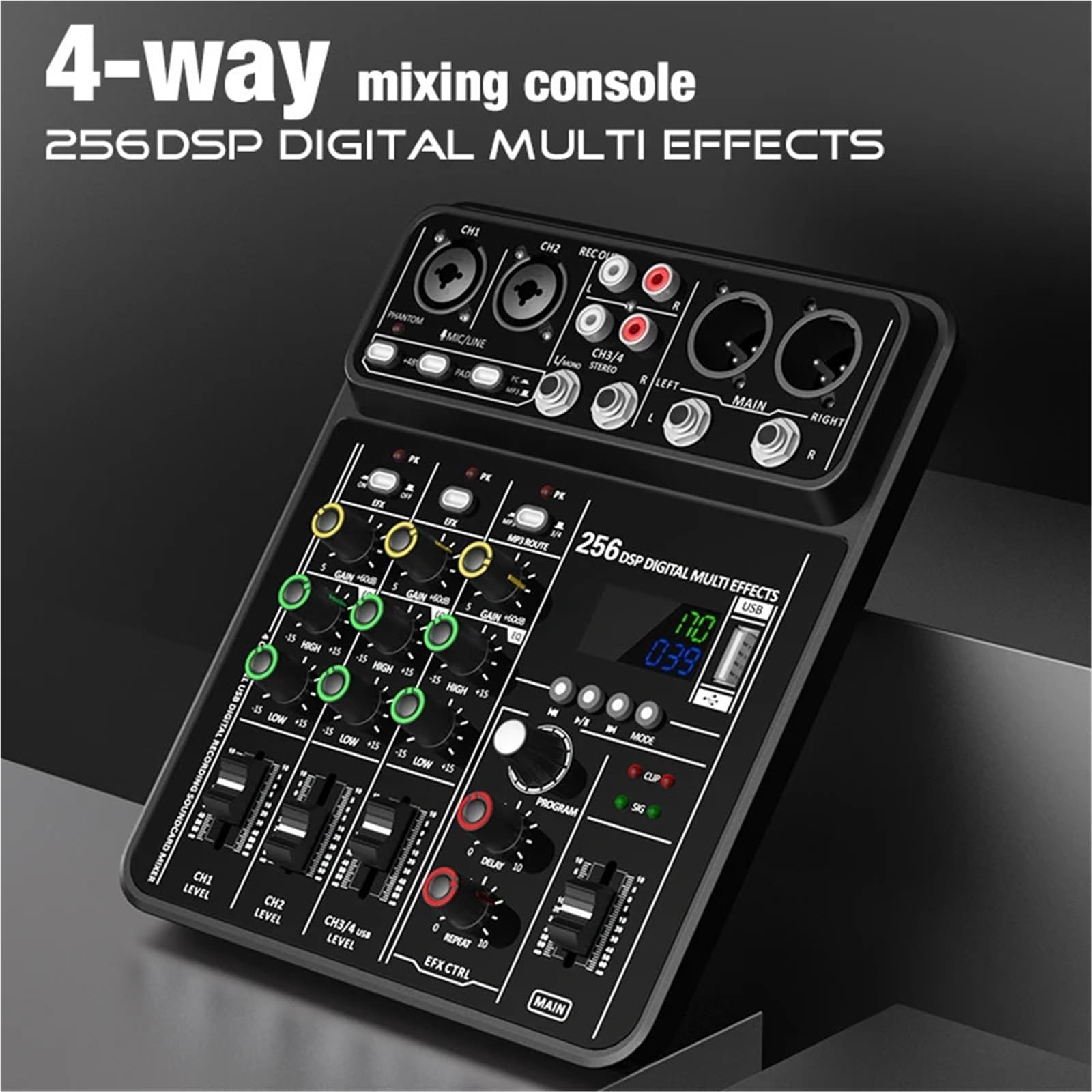 Controller DJ, Mixer DSP a 4 canali 256 canali, alimentazione Phantom a 48 V, mixer da studio USB, console DJ Bluetooth, mixaggio