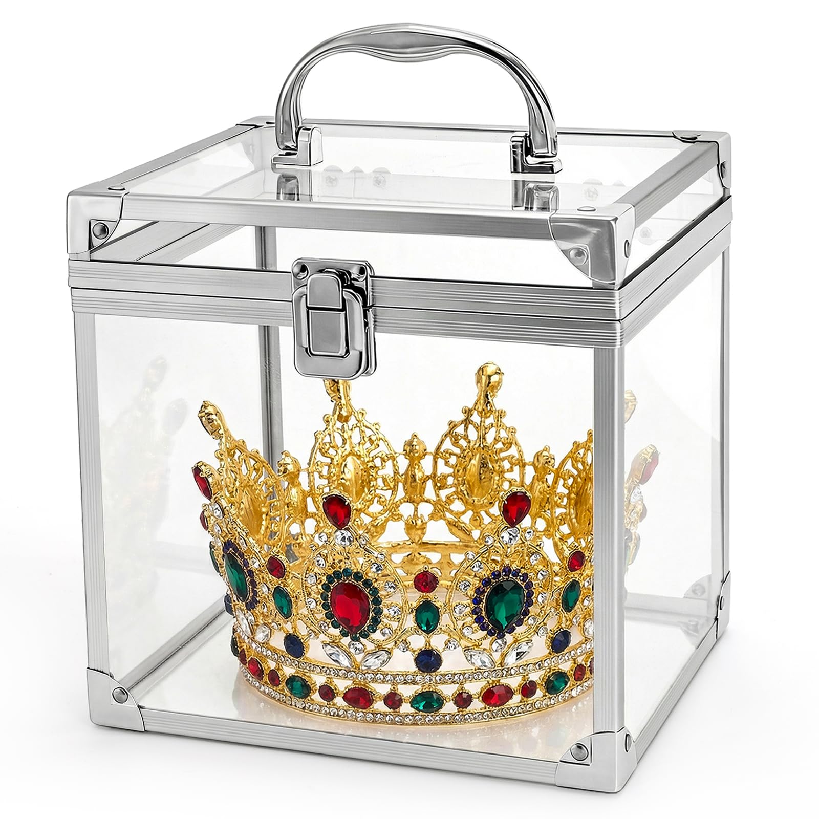 Okllen Transparent Acrylic Crown Box with Portable Handle, Silver