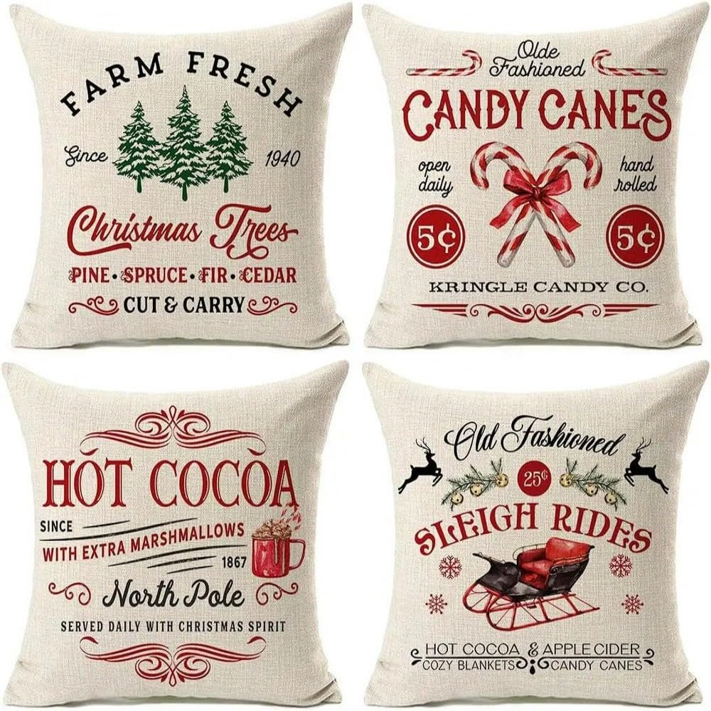 ZBDP - 4 federe per cuscini natalizi, Babbo Natale, pupazzo di neve, fiocchi di neve, fattoria, bufalo, plaid albero di Natale, decorazione per le vacanze