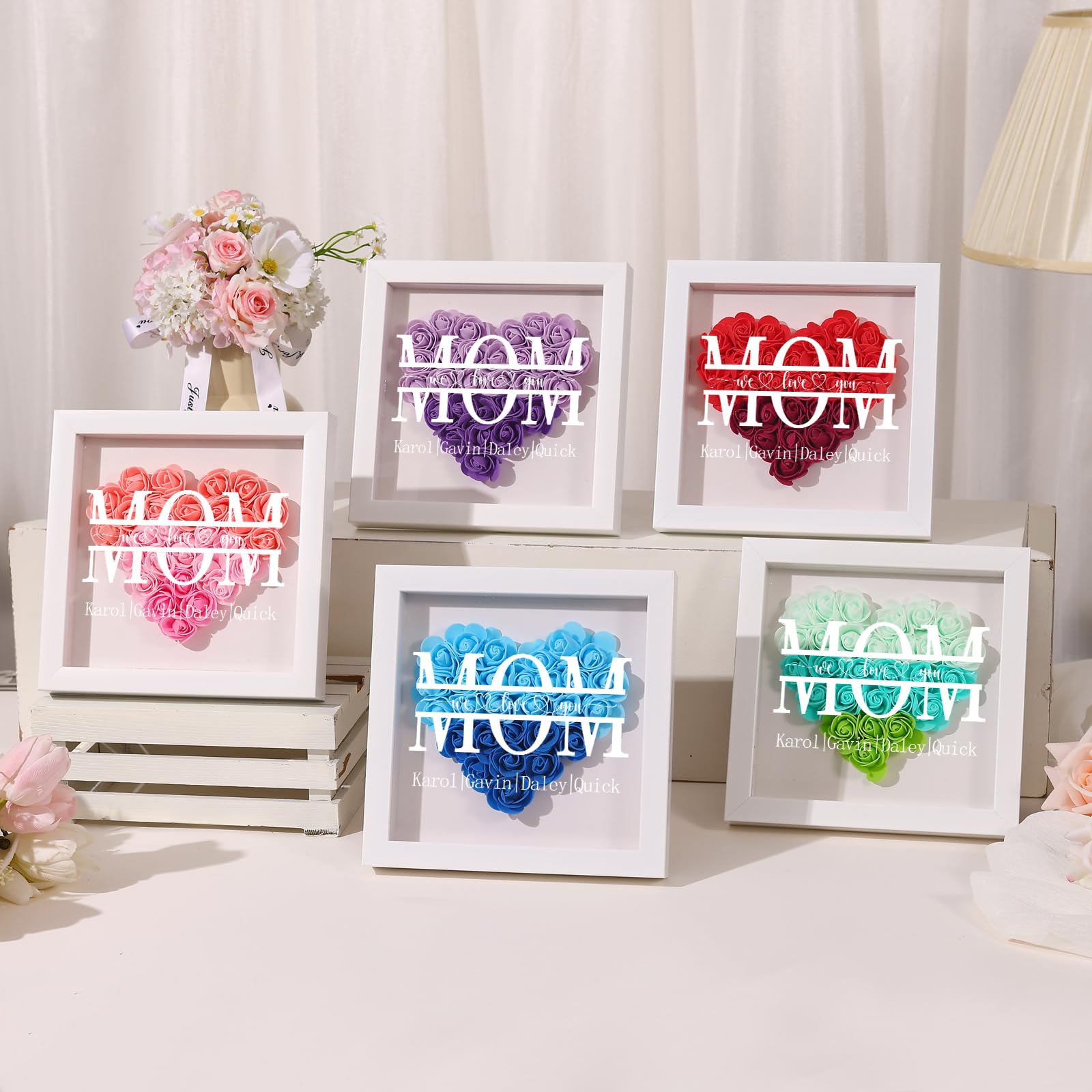 Personalized Mom Flower Shadow Box with Name, Custom Gift for Mom from Daughter Son Customized Mom Flower Box for Mothers Day, Birthday, Christmas (Style 2)
