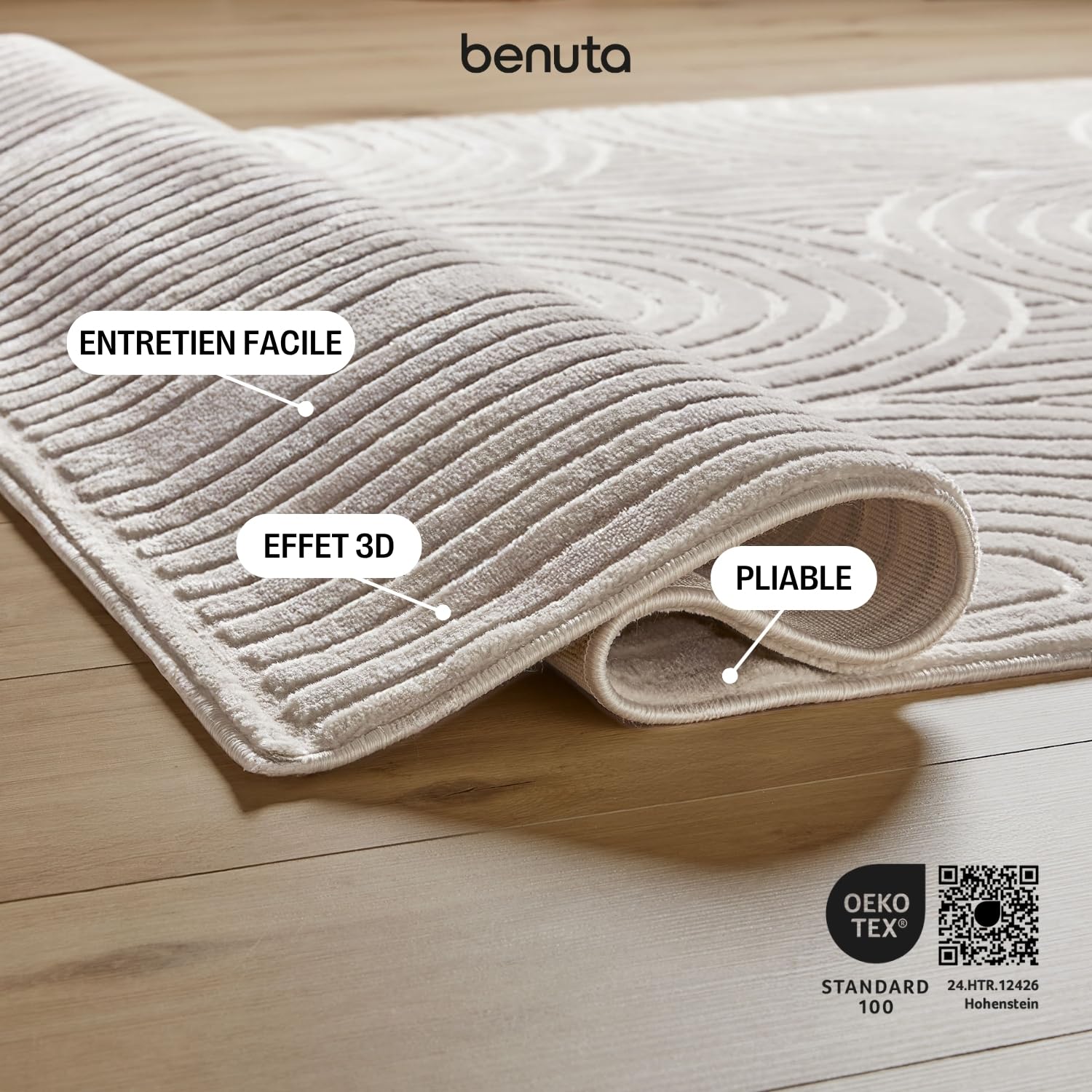 benuta Basic Tapis Salon Claire - Crème 160x230 cm - Minimaliste géométrique rétro - Facile Entretien - Compatible Chauffage - pour Chambre, Bureau, Couloir, Bebe