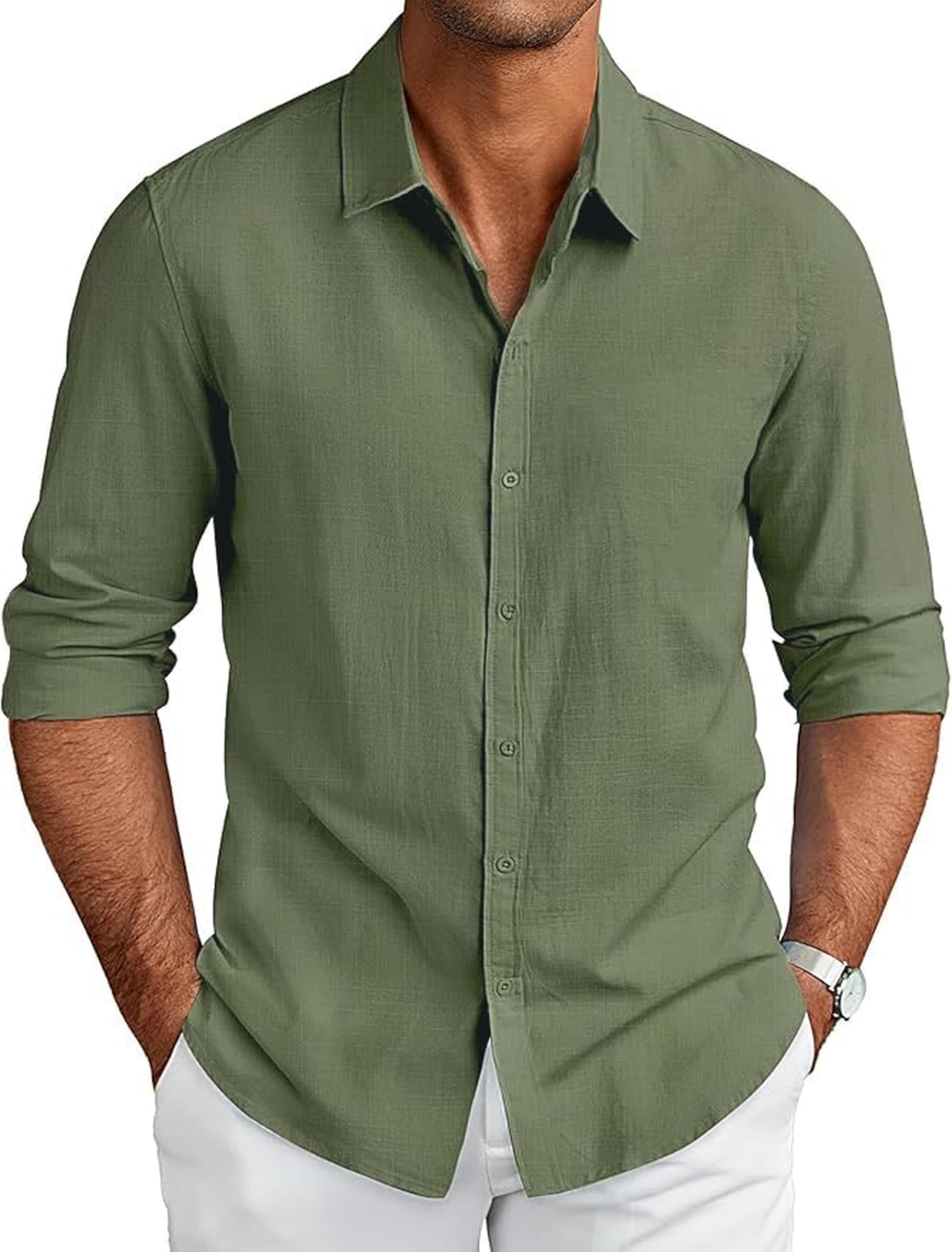 CB-COLEBROOK Men's Long Sleeve Button Down Shirts Casual Cotton Linen Shirts Summer Beach Shirt for Mens Top (in, Alpha, M, Regular, Army Green)