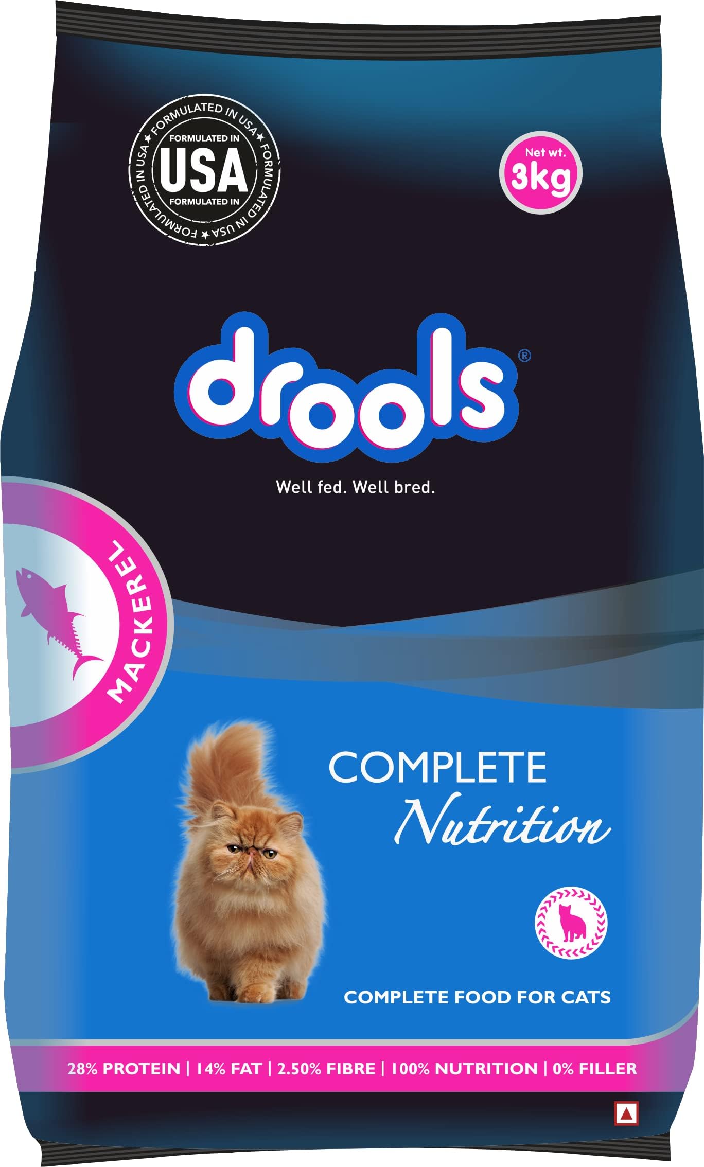 Drools Adult Dry Cat Food, Mackerel, 3 Kg | 100% Nutritious Diet With Real Fish, Hairball Control, Taurine For Heart & Vision, Omega 3 & 6 For Healthy Skin & Coat, Supports Digestion & Immunity