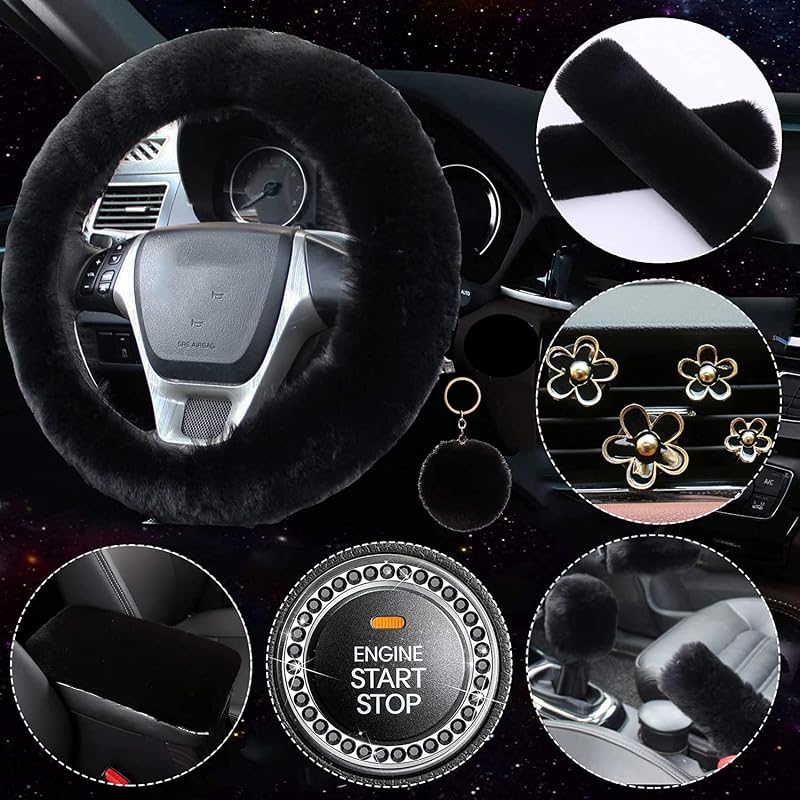 Capa de Volante Fluffy em Lã Sintética LXPKKIG Preta com Kit de Acessórios Internos para Carro, Compatível com Volantes de 38,1 cm, 12 peças