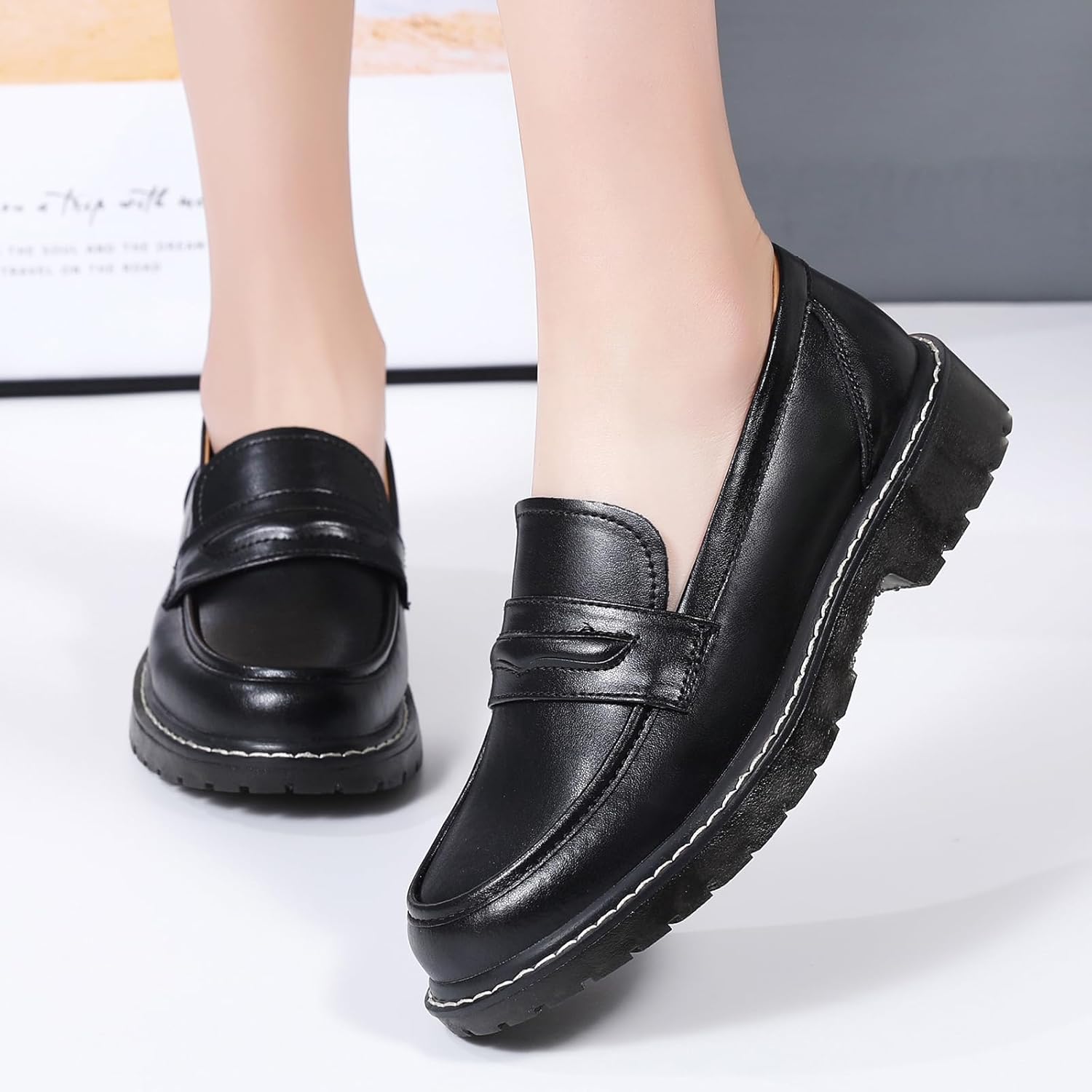 XMM Black Loafers for Women Chunky Loafer Shoes Penny Loafers Flats Lug Sole Lightweight Slip On Ladies Shoes Business Casual Dressy Comfortable Office Shoes - Image 3