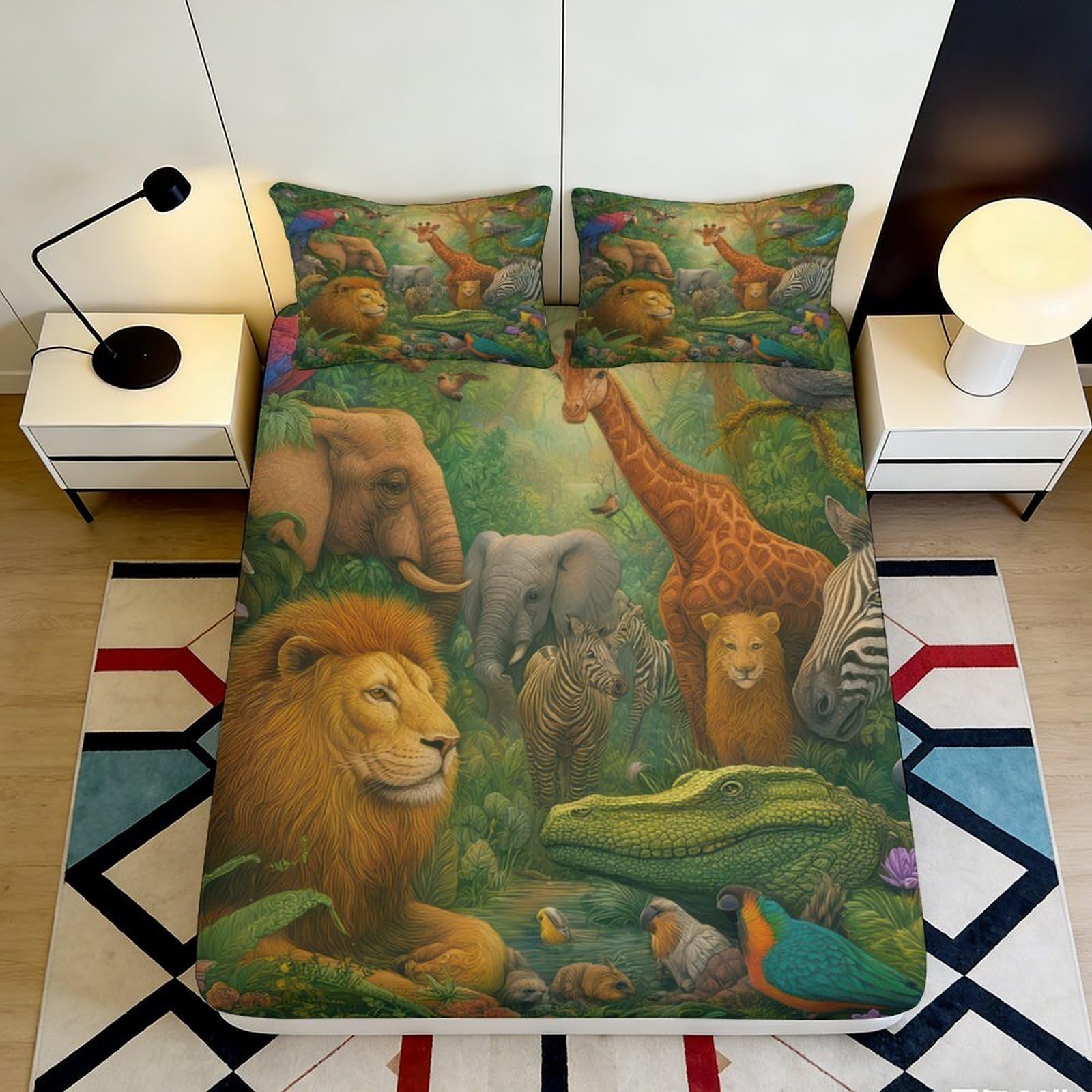 3D Printed Jungle Animal Fitted Sheet Microfiber Soft Mattress Cover Safari Wildlife Bed Decor for Bedroom Guest Room 90x200x25cm