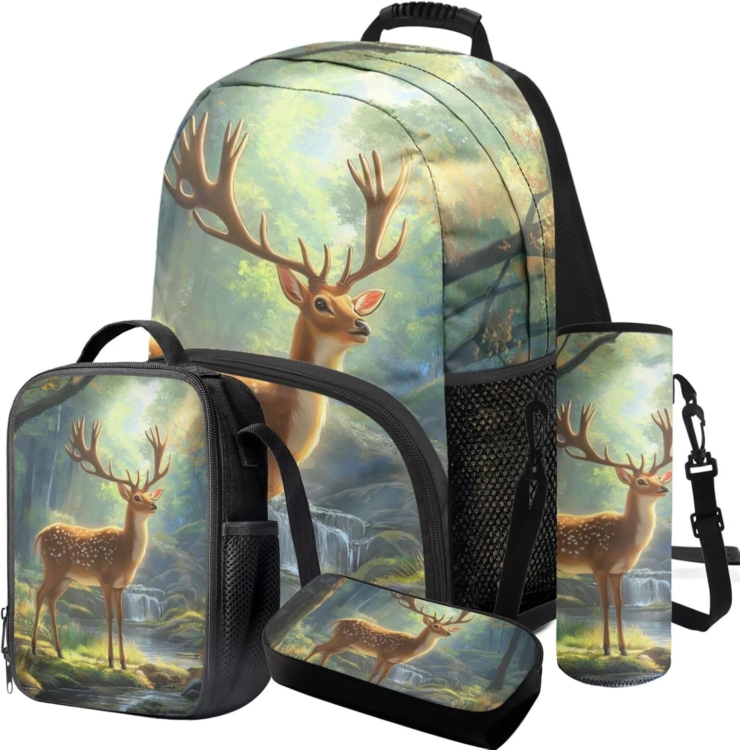 COEQINE Deer Boys Backpack 10-12 Years Old Green Bookbag with Lunch Box Pencil Box Set, 17 Inch Bookbag for Boys Cartoon Large Capacity School Bag with Water Bottle Sleeve for Travel Camping