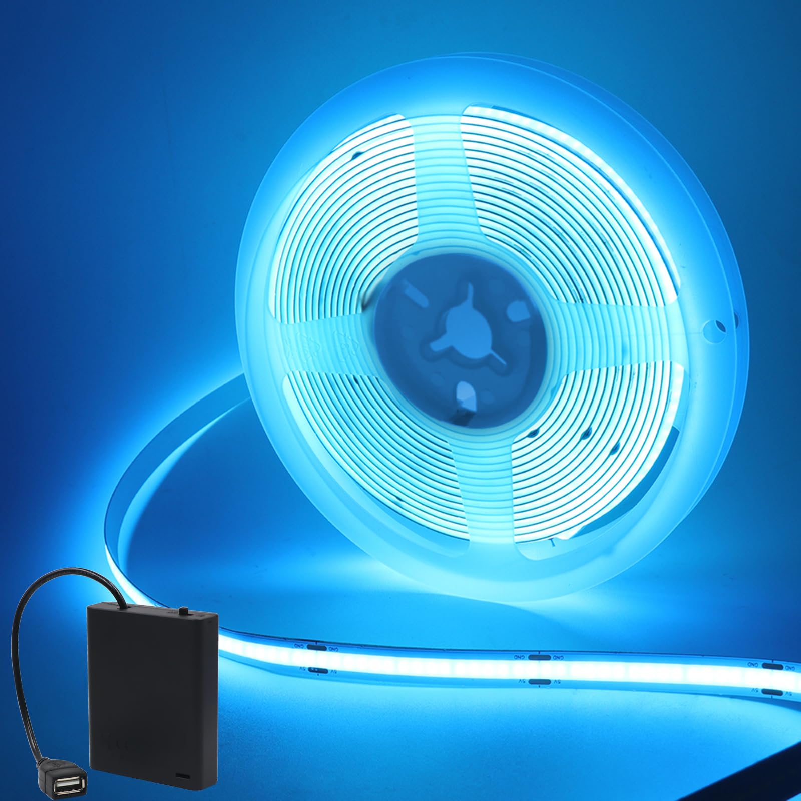 Wisada 5V COB LED Light Strip USB Powered [4m, Ice Blue], 320 LEDs/m Flexible Indoor FCOB LED Fairy Light CRI90+, with USB 4AA Battery Box, Home Decoration - Batteries not Included — image 1