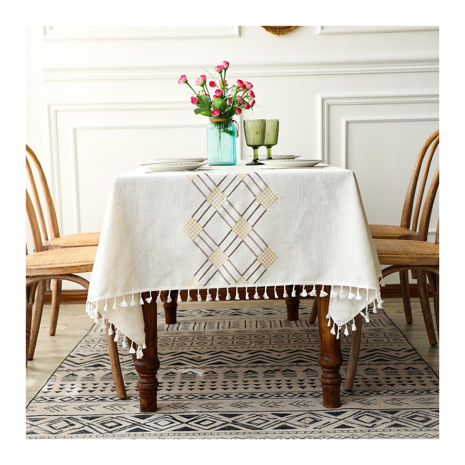 Tovaglia Rettangolare Antimacchia Poliestere, Tovaglie da Tavola Lavabili Fantasia Strisce Rombo Ricamata con Nappe Copritavolo per Tavola Giardino Esterno Giallo, 110x170 CM