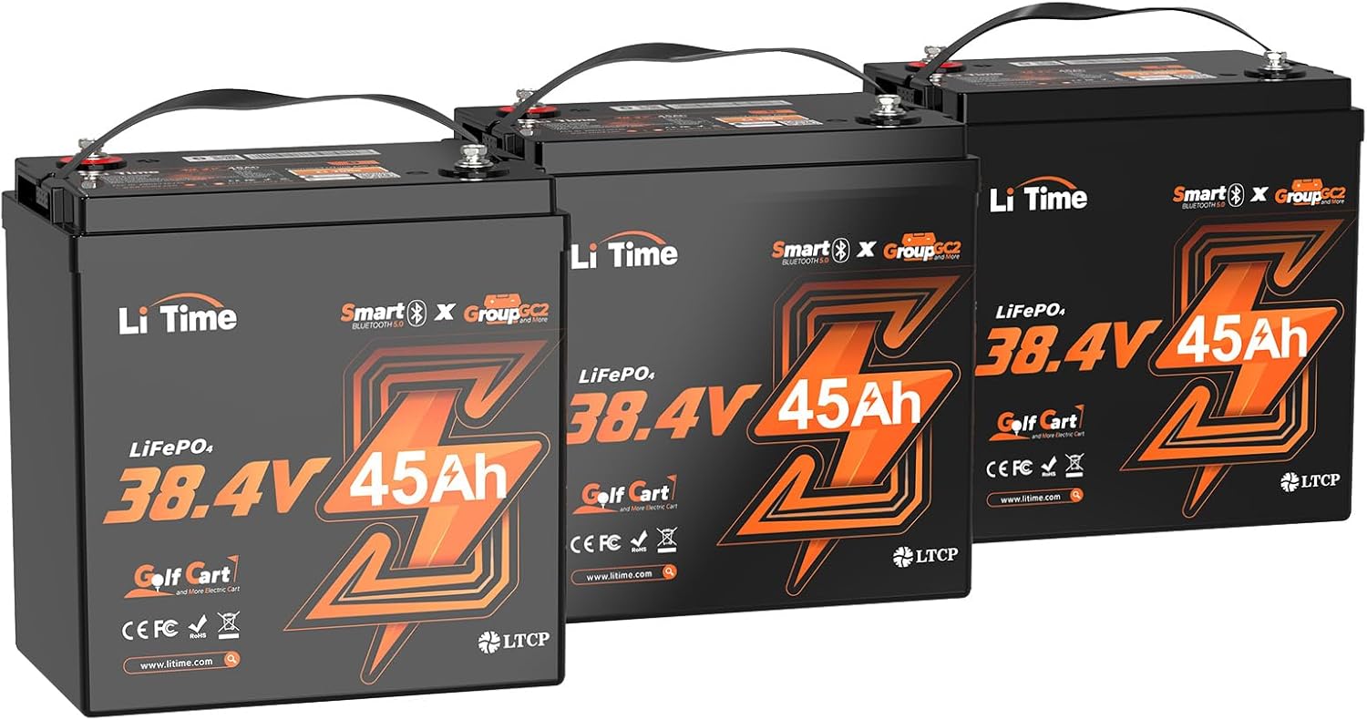 Litime 3 Pack 36V 45Ah GC2 Bluetooth LiFePO4 Battery, Built-in 90A BMS, Max. Continuous Discharge Current 90A, Low-Temp Protection, 4000+ Cycles, Perfect for 36V Golf Carts, Trolling Motors