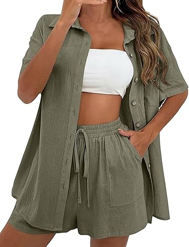QIBABU Conjunto de pantalones cortos de lino para mujer, 2 piezas, camiseta de manga corta y pantalones cortos, conjunto de sudadera para vacaciones