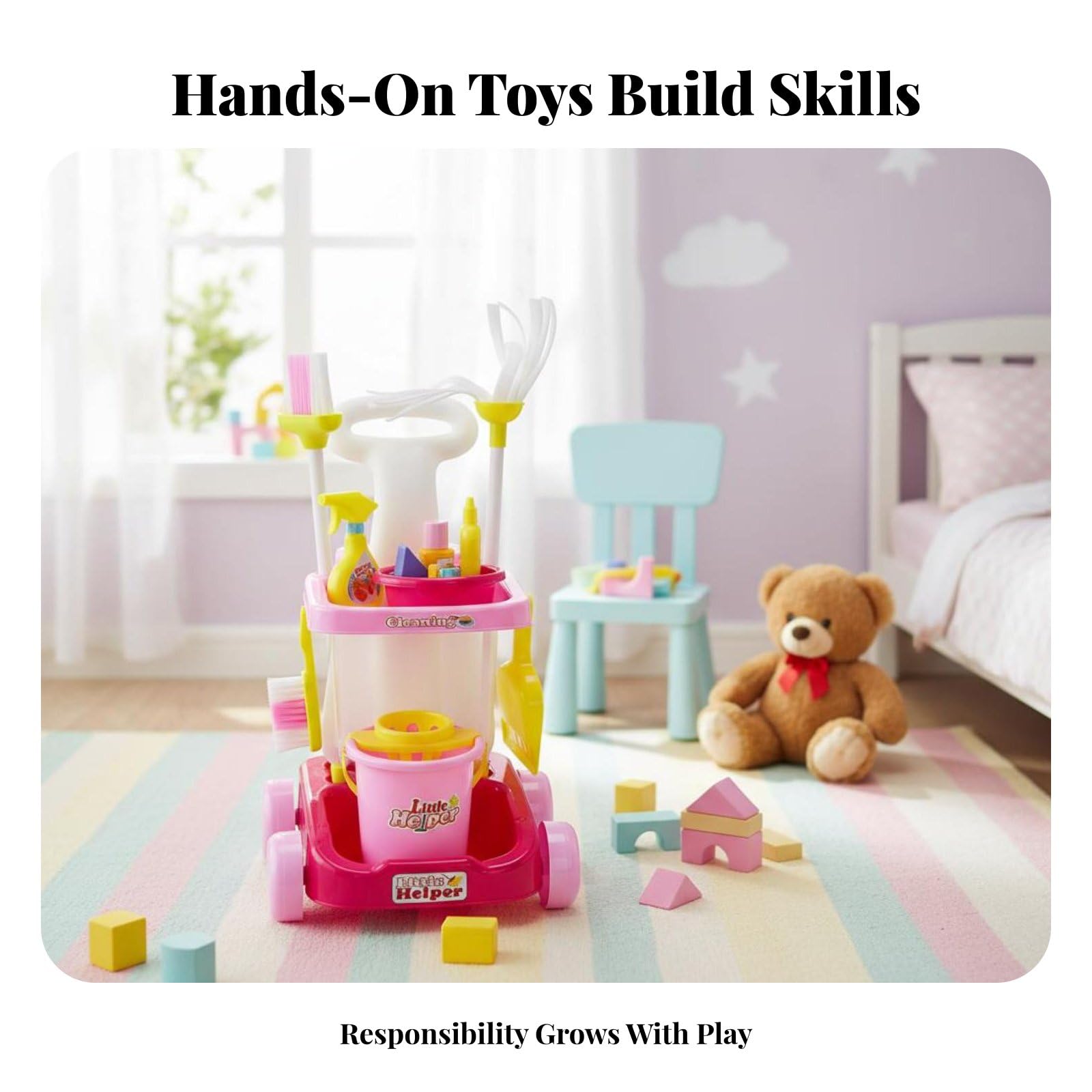 Set Attrezzi Pulizia Bambini Scopa Paletta Secchio Carrello Materiale Durevole Sviluppo Responsabilità Adatto a Bambini Casa Gioco , 66735 Set Rosa