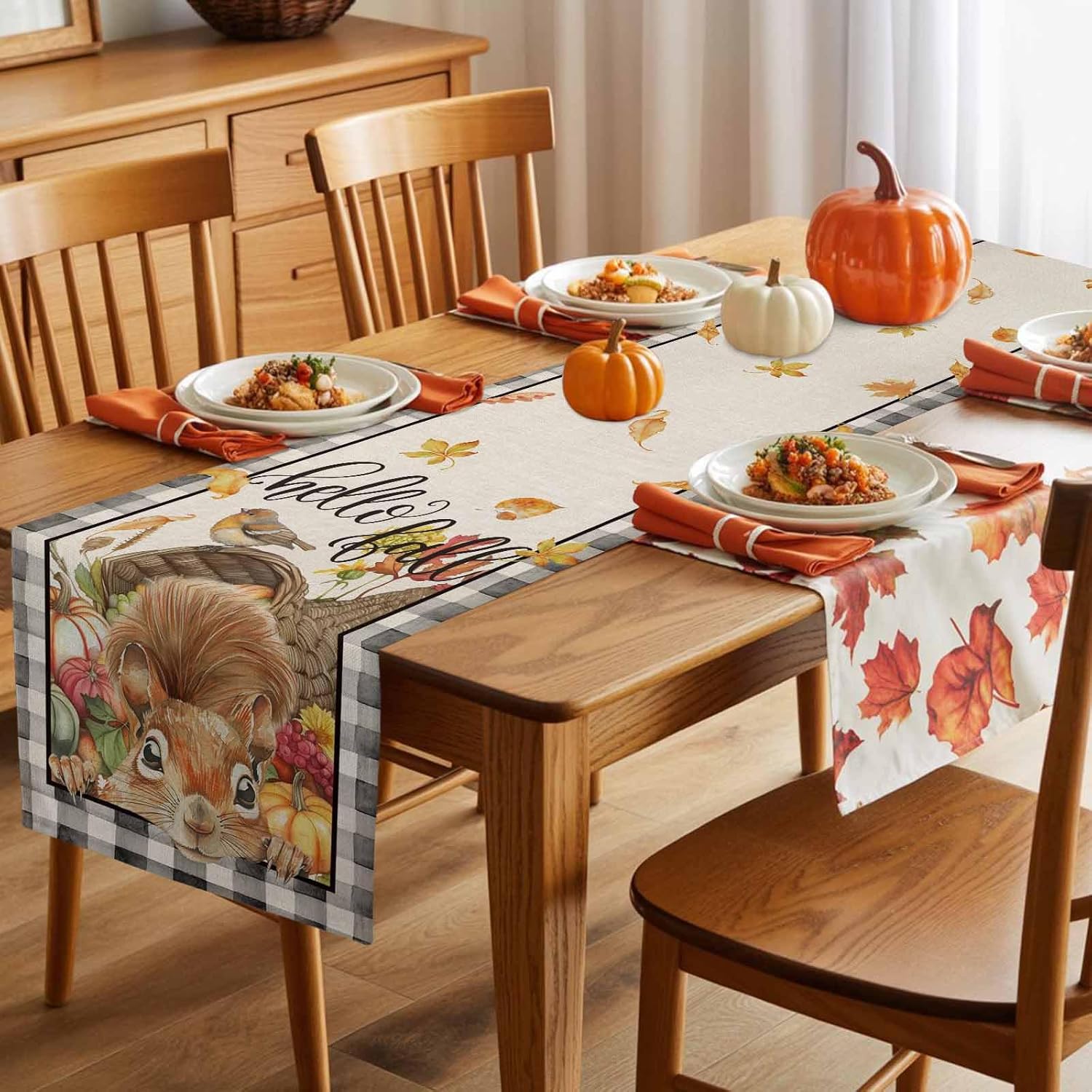 Fall Table Runner Squirrel Pumpkin Bird Thanksgiving Table Decoration for Kitchen Grapes Leaf Black Buffalo Plaid Seasonal Table Runner Decoration for Dining Kitchen Party 13x108 Inch