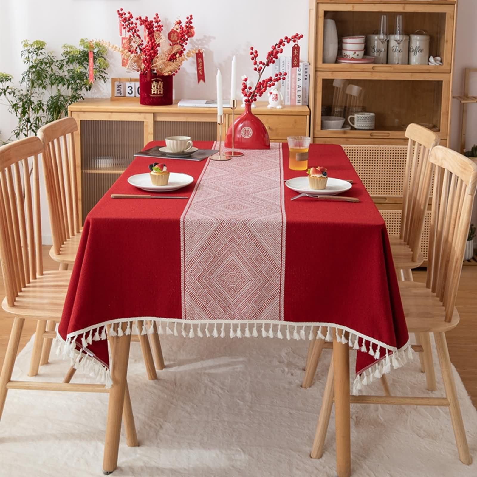Mantel Lavable Rectangular Rojo Mesa, Patrón de Geométrico con Borlas, de Poliéster Fácil de Limpiar, 140 x 220 cm, Mantel para Restaurante