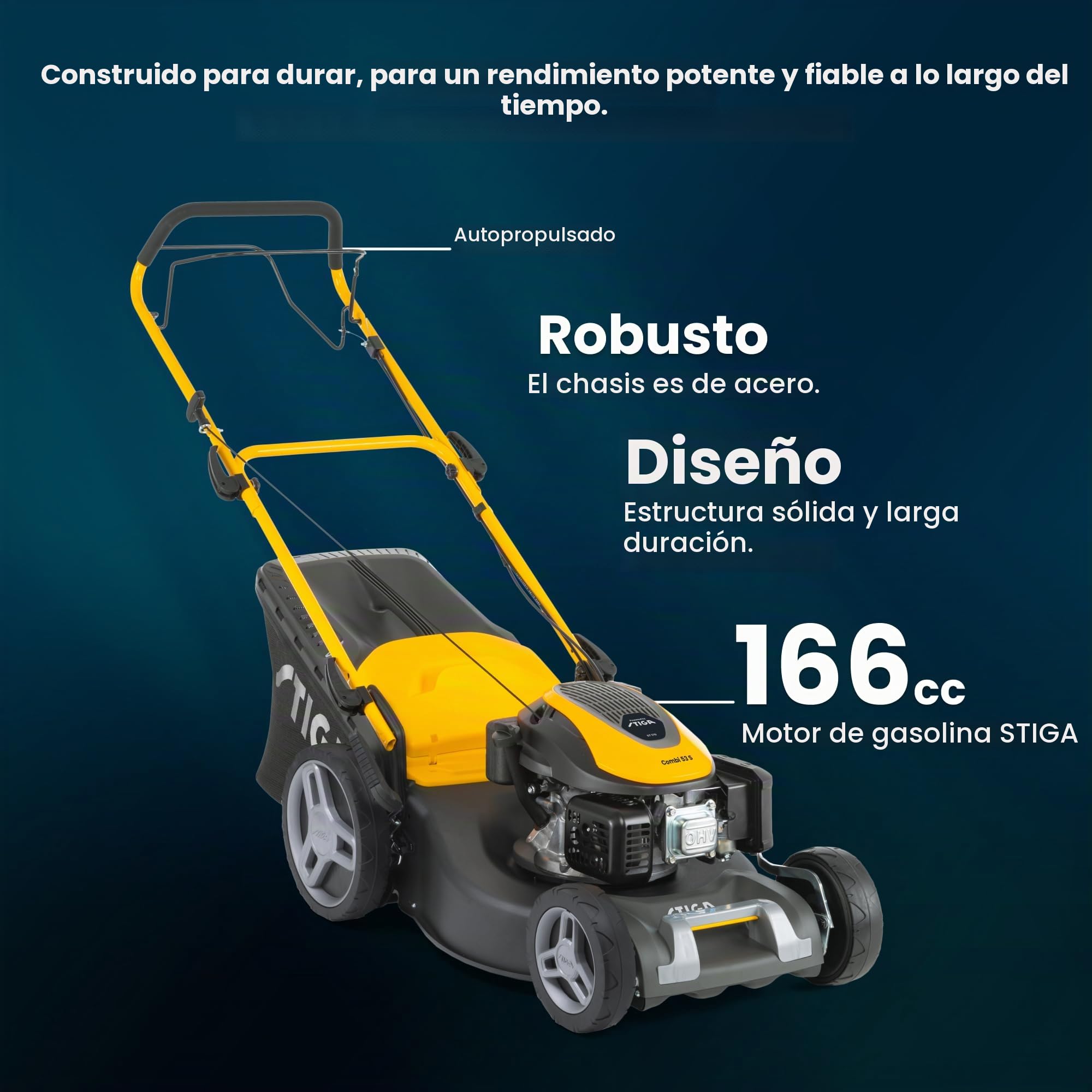 STIGA Combi 53 S - Cortacésped de Gasolina autopropulsado, Motor de 166 CC, Ancho de Corte de 51 cm, 3 en 1: colección, mantillo y Descarga Trasera, colector de césped de 60 L