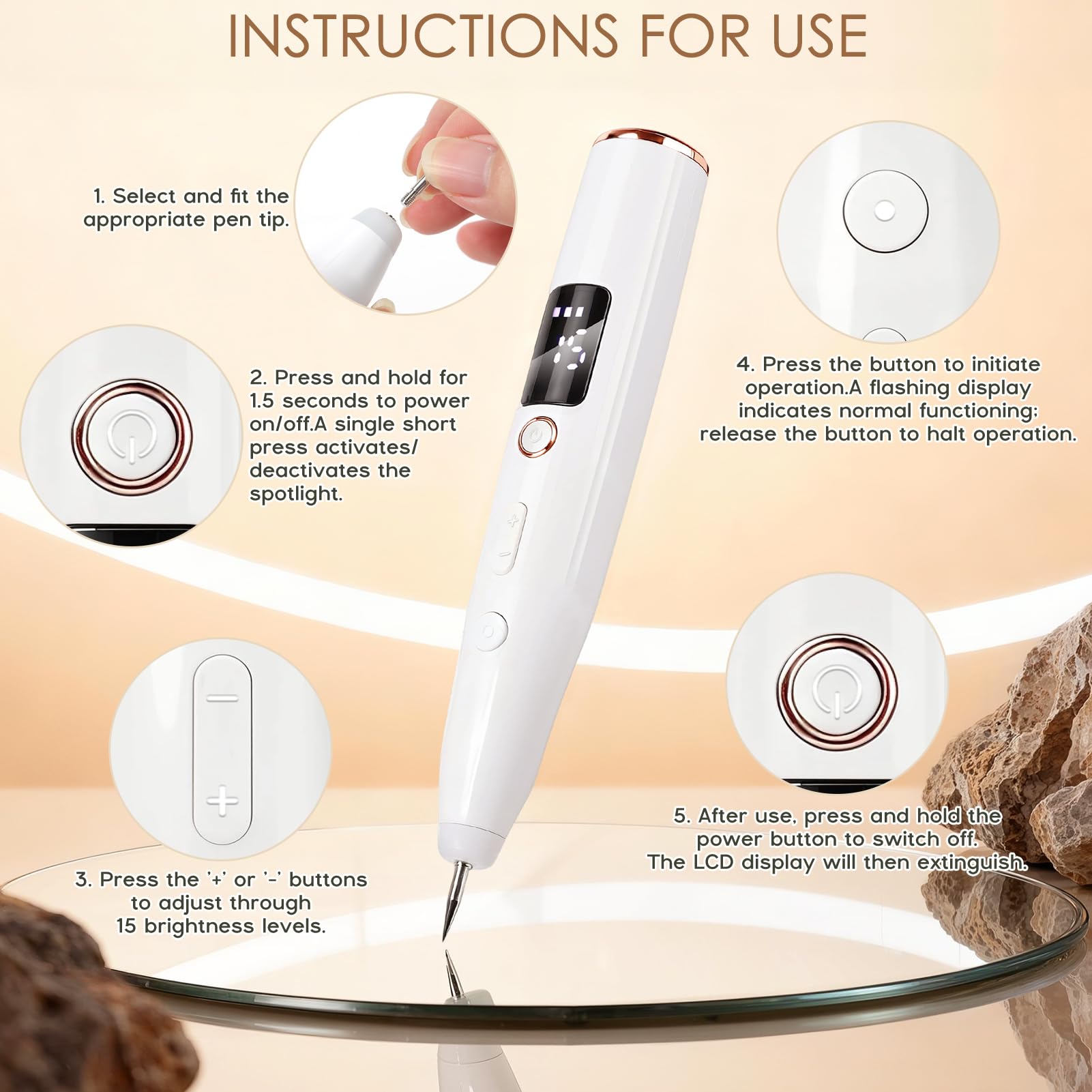 Sicura e Penna Al Plasma,Rimuove Voglie Verrucheskin Tag Remover con 15 Livelli Regolabili e Luce Led, Penna Al Plasma Ricaricabile Tramite Usb per Nei, Verruche, Lentiggini, Macchie Scure