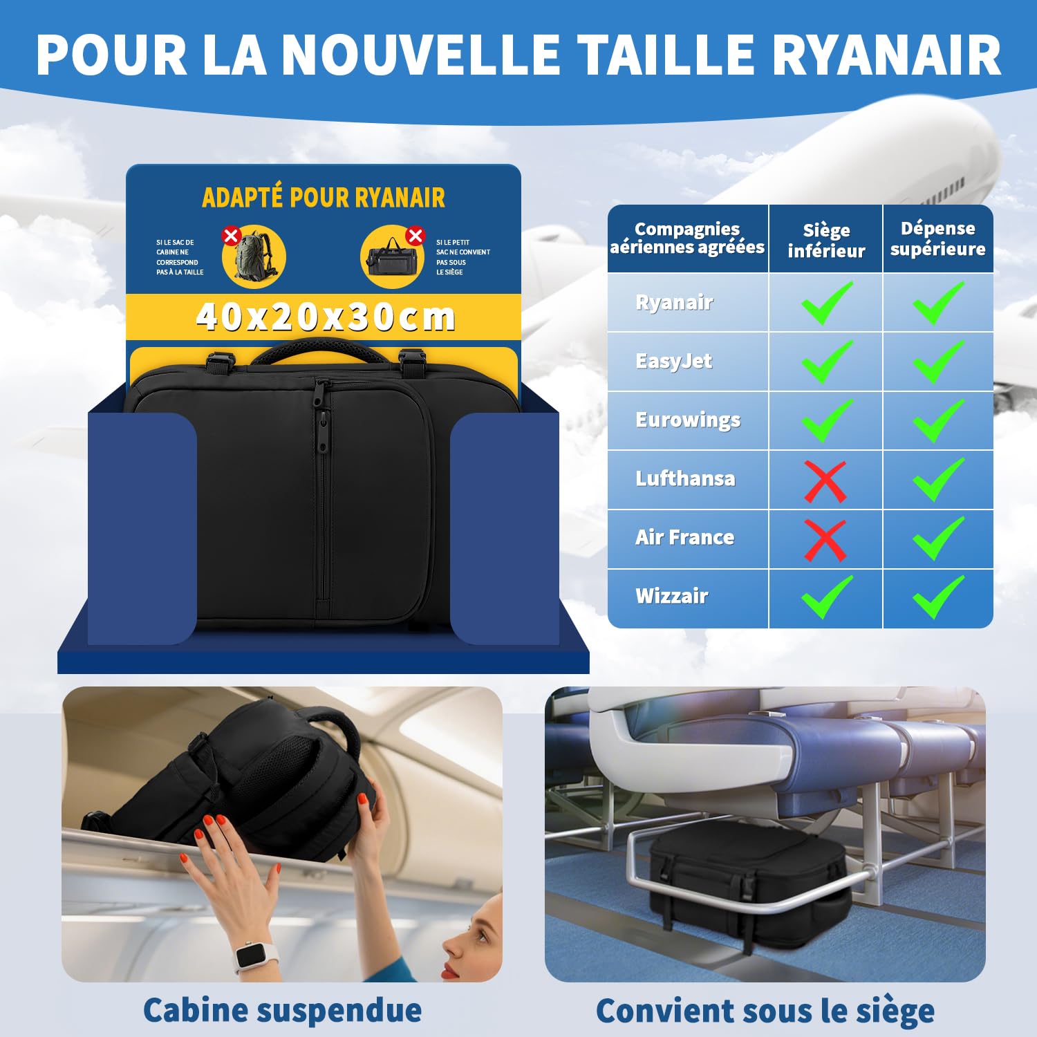 VSNOON Bagage cabine 40x30x20, 24L Sac a Dos Voyage Cabine Avion, Sac à Dos Ordinateur 15 Pouces pour Ryanair, Wizz Air, Transavia, étanche Sac Cabine Pour Homme, Noir