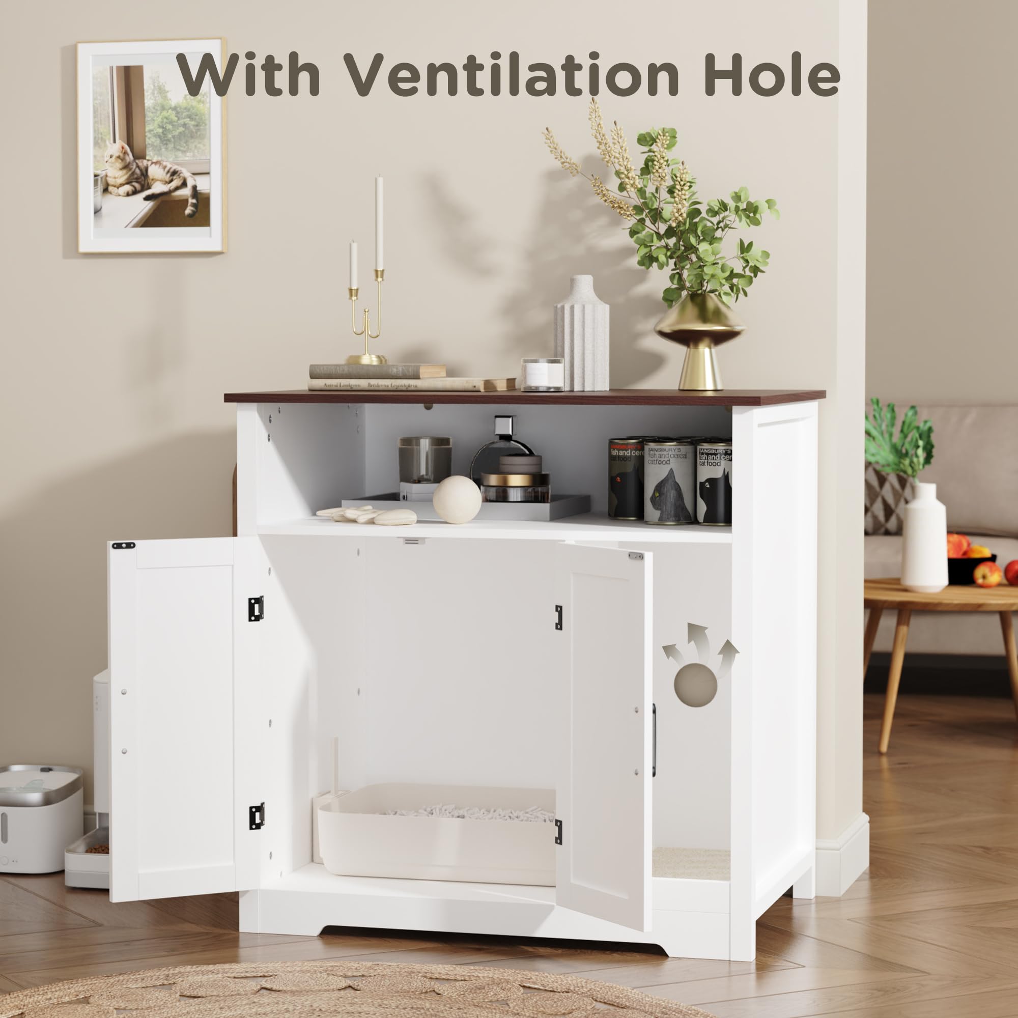 MHOM Large Cat Litter Box Enclosure, Hidden Litter Box Furniture with Scratch Pad and Shelf, Indoor Cats House for Living Room, White - image 6