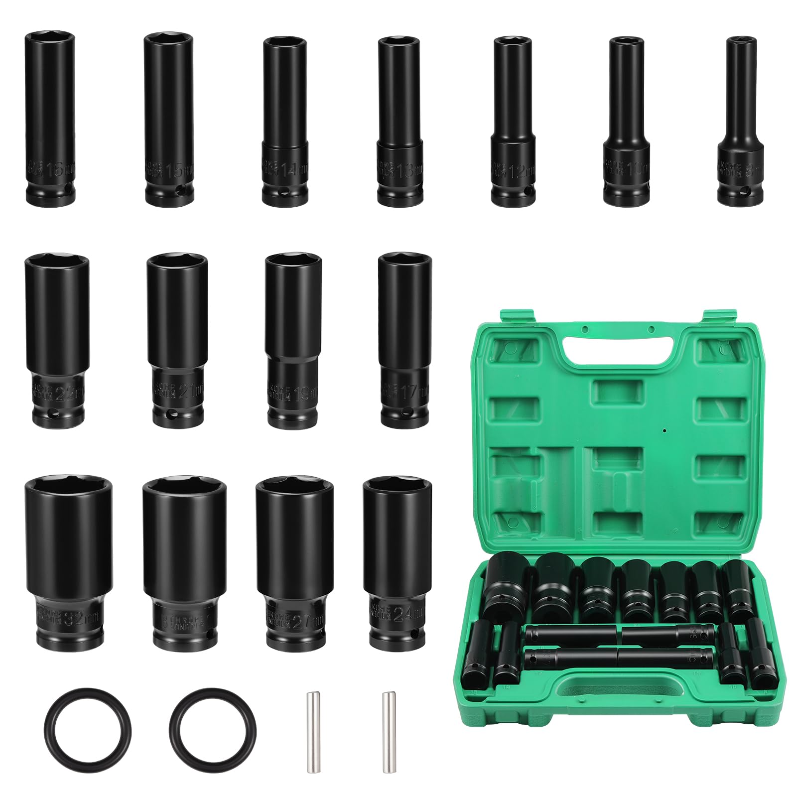 Gueenky 15 Piezas Llaves de Vaso Impacto 1/2'', 8-32 mm Vasos de Impacto Largos con Adaptadores de Llave de Vaso para Reparaciones de Coche y Cambio de Neumáticos