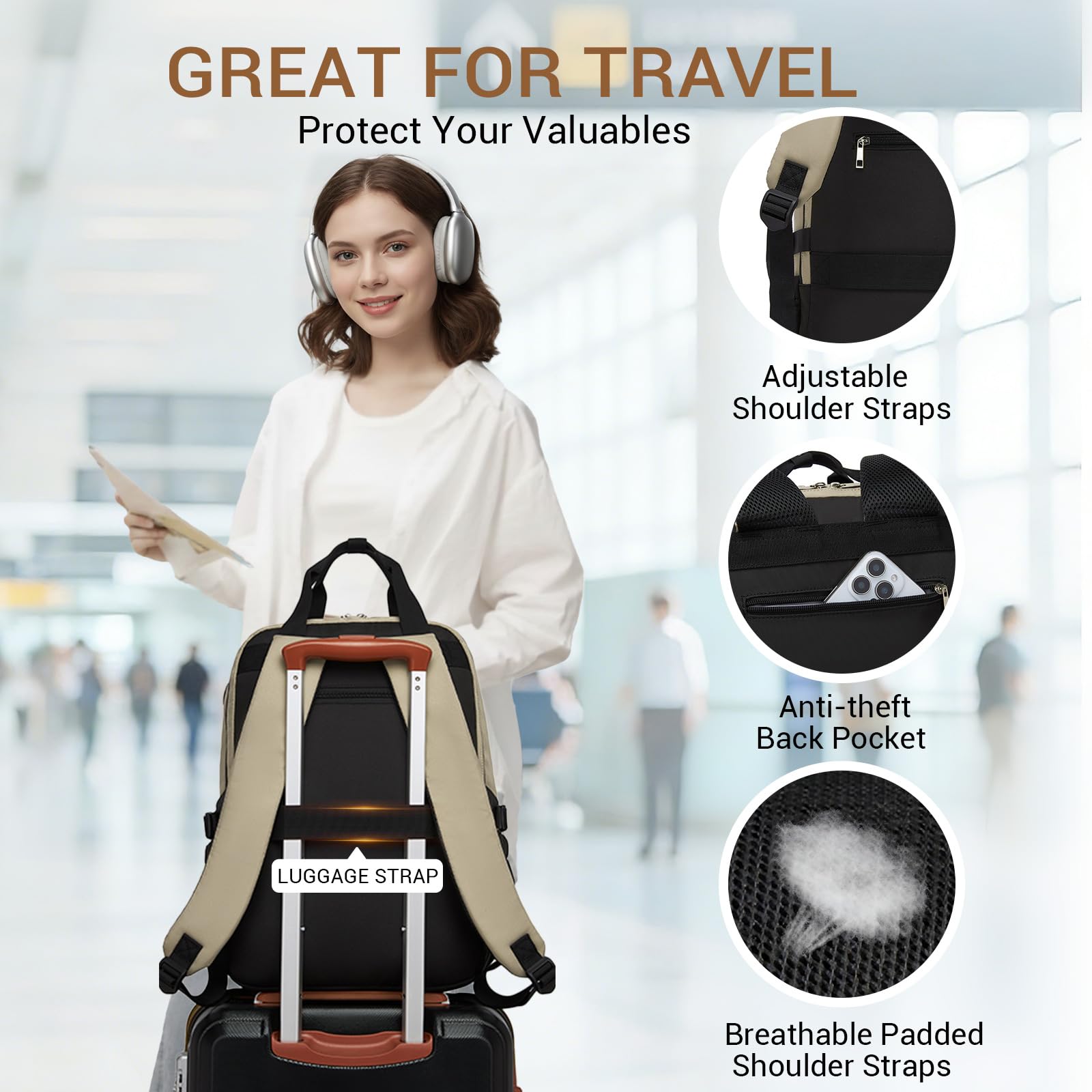 Kono Mochila para Portátil 15,6 Pulgadas Mujer, Gran Capacidad, Impermeable con Bolsillo para Botella, Ideal para Trabajo, Universidad, Viajes — view 4