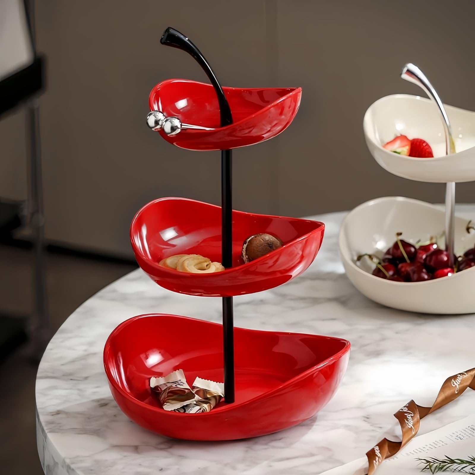 Vassoio per frutta a doppio strato Ciotola per frutta in ceramica a 3 livelli Ciotole da portata in ceramica multistrato con supporto in metallo, vassoio da portata,Rosso,3 Tier