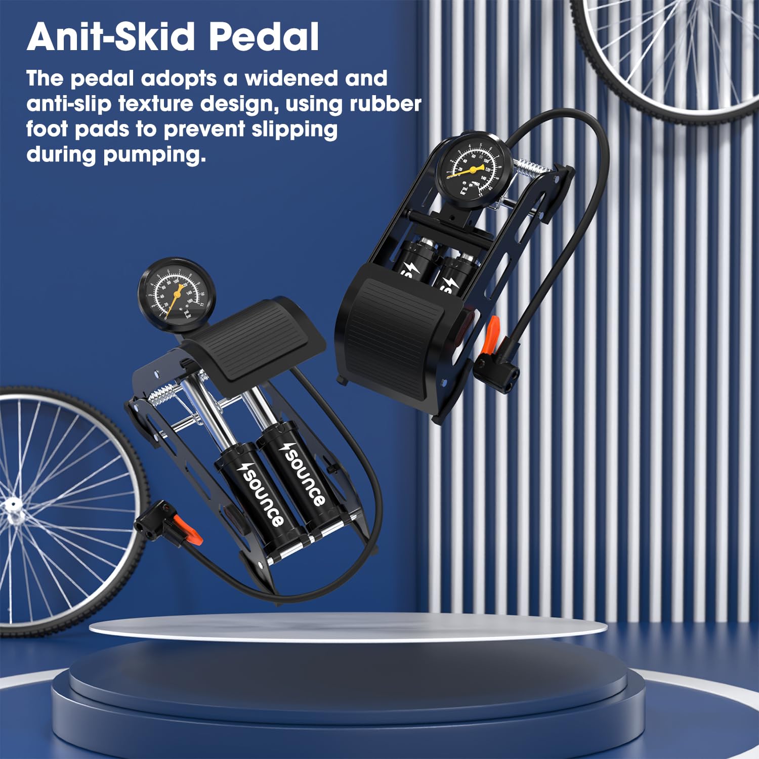 Sounce Bike Floor Pump with 160 Psi Precision Pressure Gauge,Bicycle Pump Portable Air Pump Inflator Foot Pump Fits Presta Schrader and Deutschland Valve for Bicycle,Ball,Scooter,Car,Toys Inflatable 4