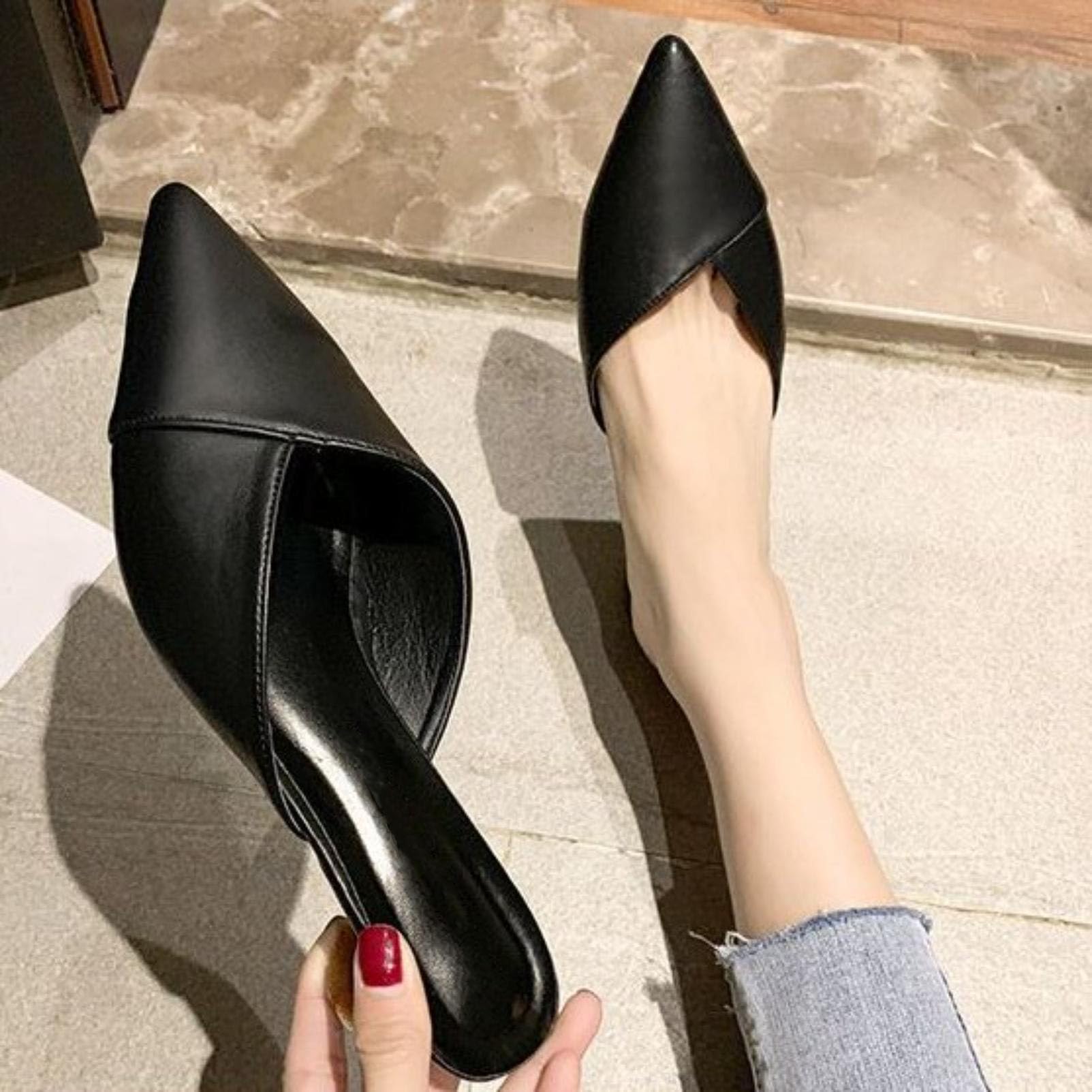 Generico Scarpe da Donna Mule con Slingback E Punta Appuntita | Scarpe Da Vestito Da Ufficio Con Taglio A V, Scivolare Su Sandali Estivi, Tacchi Bassi A Cilindro Sandali Casual