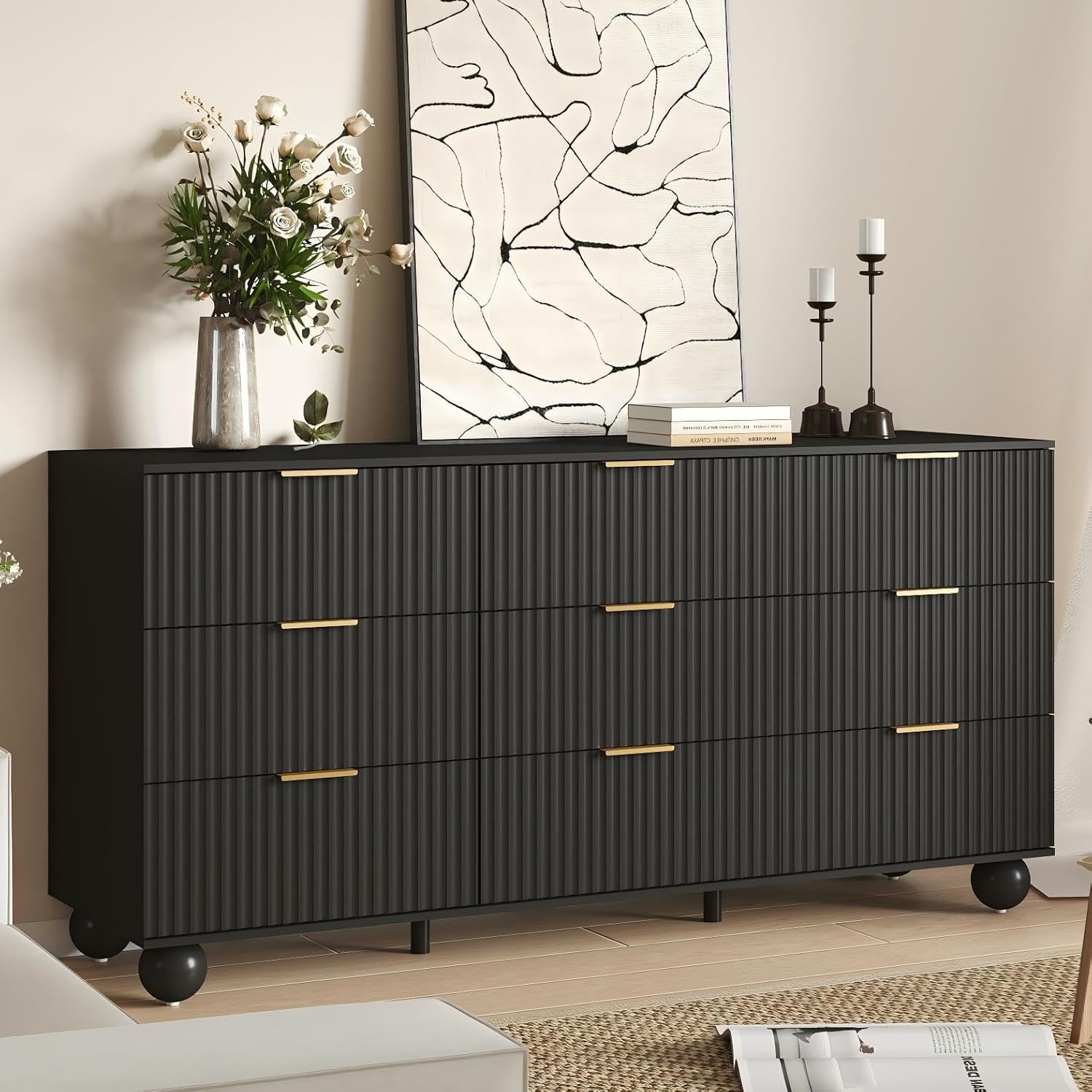 Fluted Dresser for Bedroom with 9 Drawers, 63" W Wooden Chest of Drawers with Push-to-Open Latch, Modern Dresser Tv Stand for Living Room, Hallway, Black