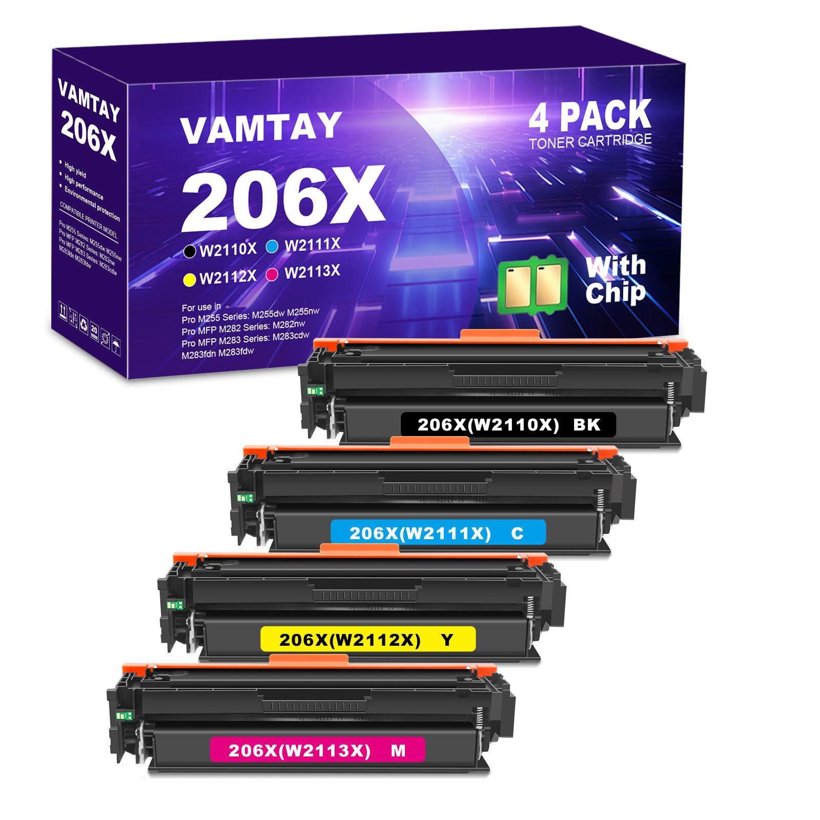 206X Toner Cartridges Compatibility for HP 206A Toner Cartridges for Color LaserJet Pro MFP M283fdw M283cdw M283fdn M282nw Pro M255dw M255nw M283 M255