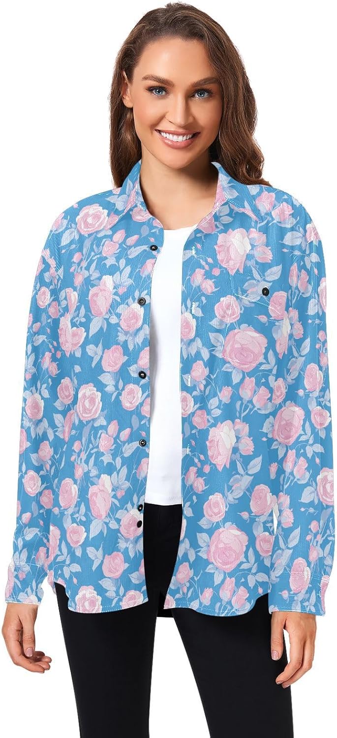 KLL Blue Color Pattern Roses Women's Men's Regular-Fit Rugby Shirts Party Long Sleeve Blouse