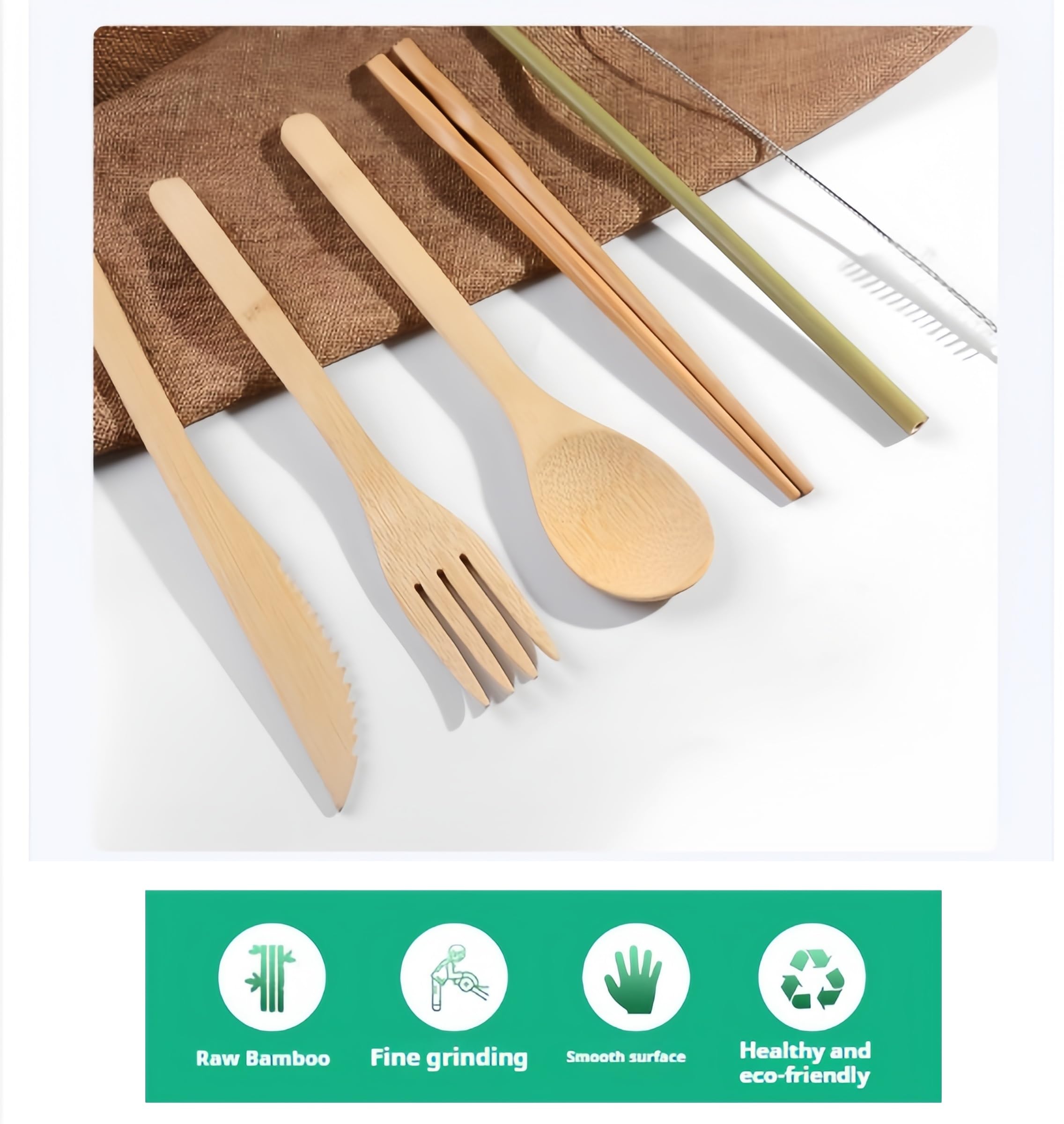 Cucchiai E Forchette Di Legno Set Di Posate Portatili Da Esterno In Bambù Coltello Forchetta Cucchiaio Bacchette Con Sacchetto In Tela Di Paglia Verde 4 Set